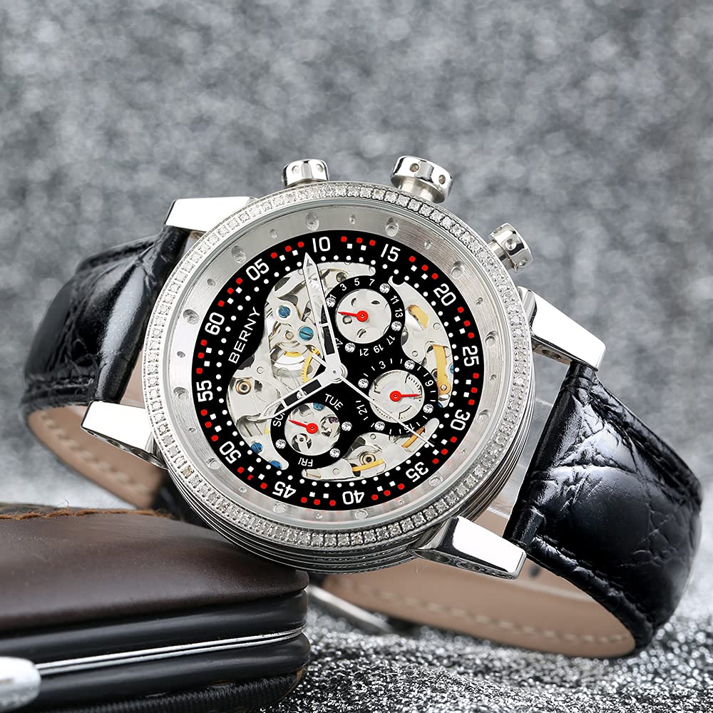 BERNY Men's Automatic Skeleton Watch with Real Diamond Dial - Multi-Function Waterproof Wristwatch with Genuine Leather Strap - Perfect for Business, Formal Events & Everyday Wear