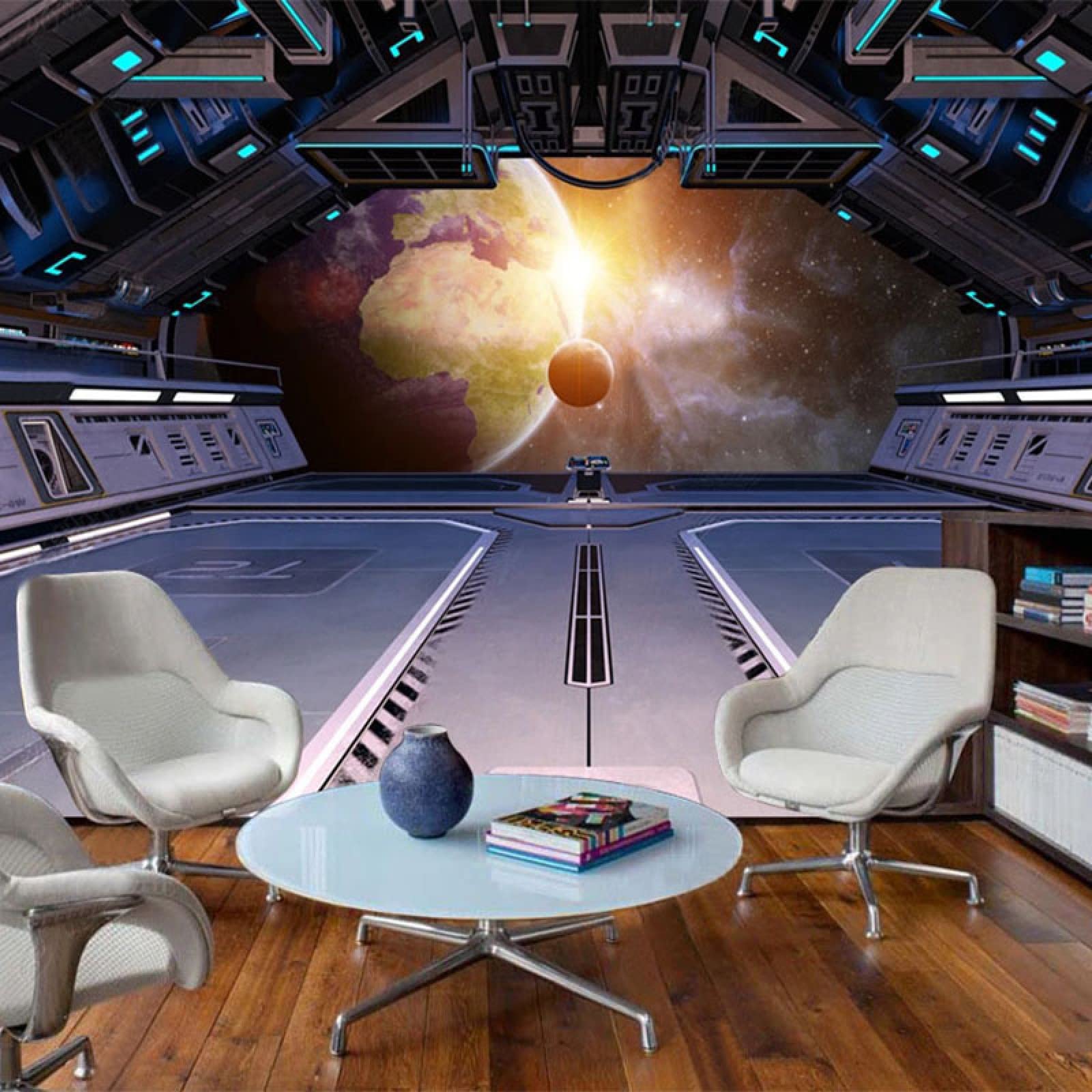 Modern Spaceship Starry Sky Universe Wallpaper - Self-Adhesive Removable Wall Mural Poster for Living Room & Bedroom Decor - Perfect for Kids Room, Nursery, Office & Home Theater Background