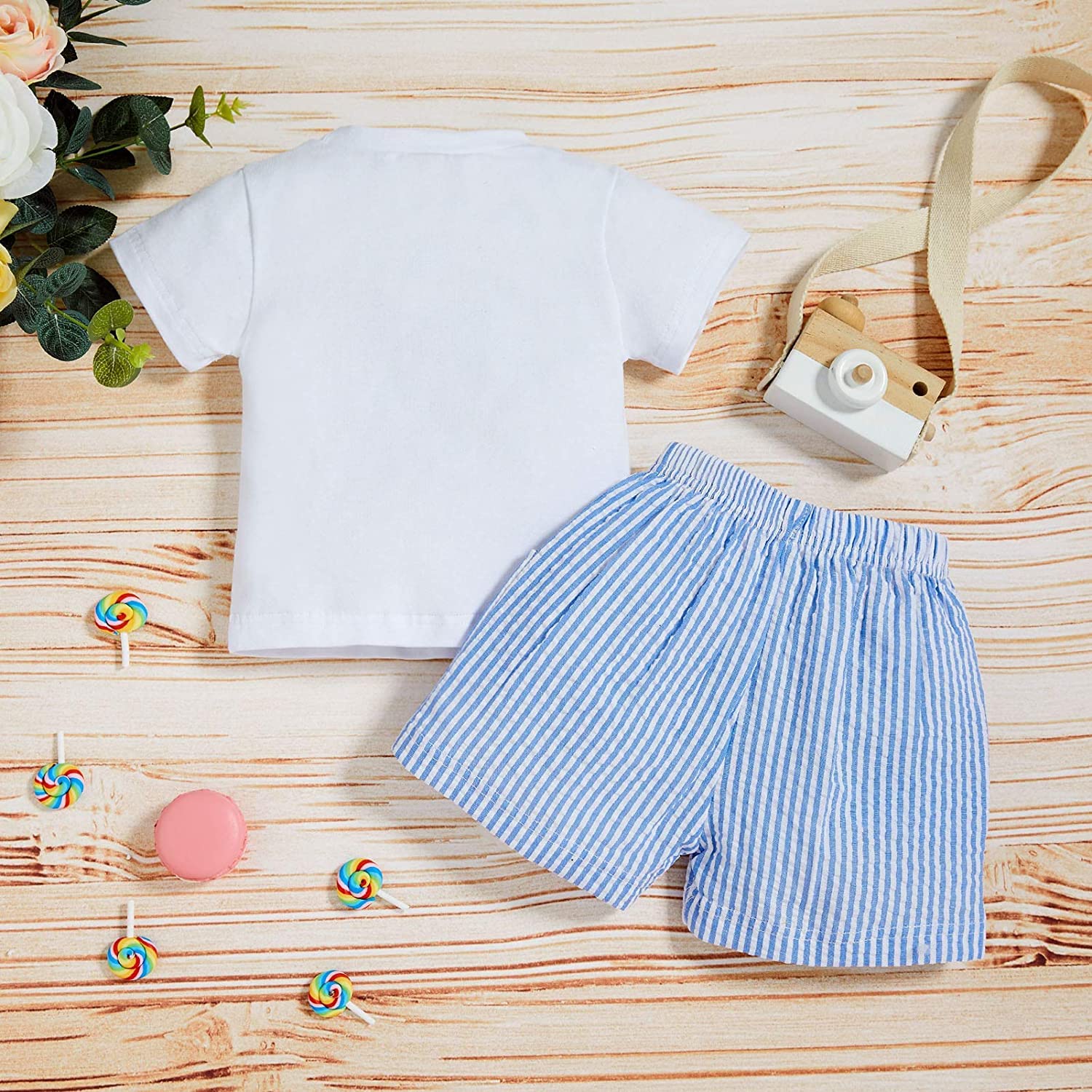 Sinhoon Baby Girl & Boy Easter Outfits - Bunny Pattern Romper with Blue Stripes Suspenders - Adorable Toddler Easter Clothes Set for Spring Photoshoots & Holiday Celebrations