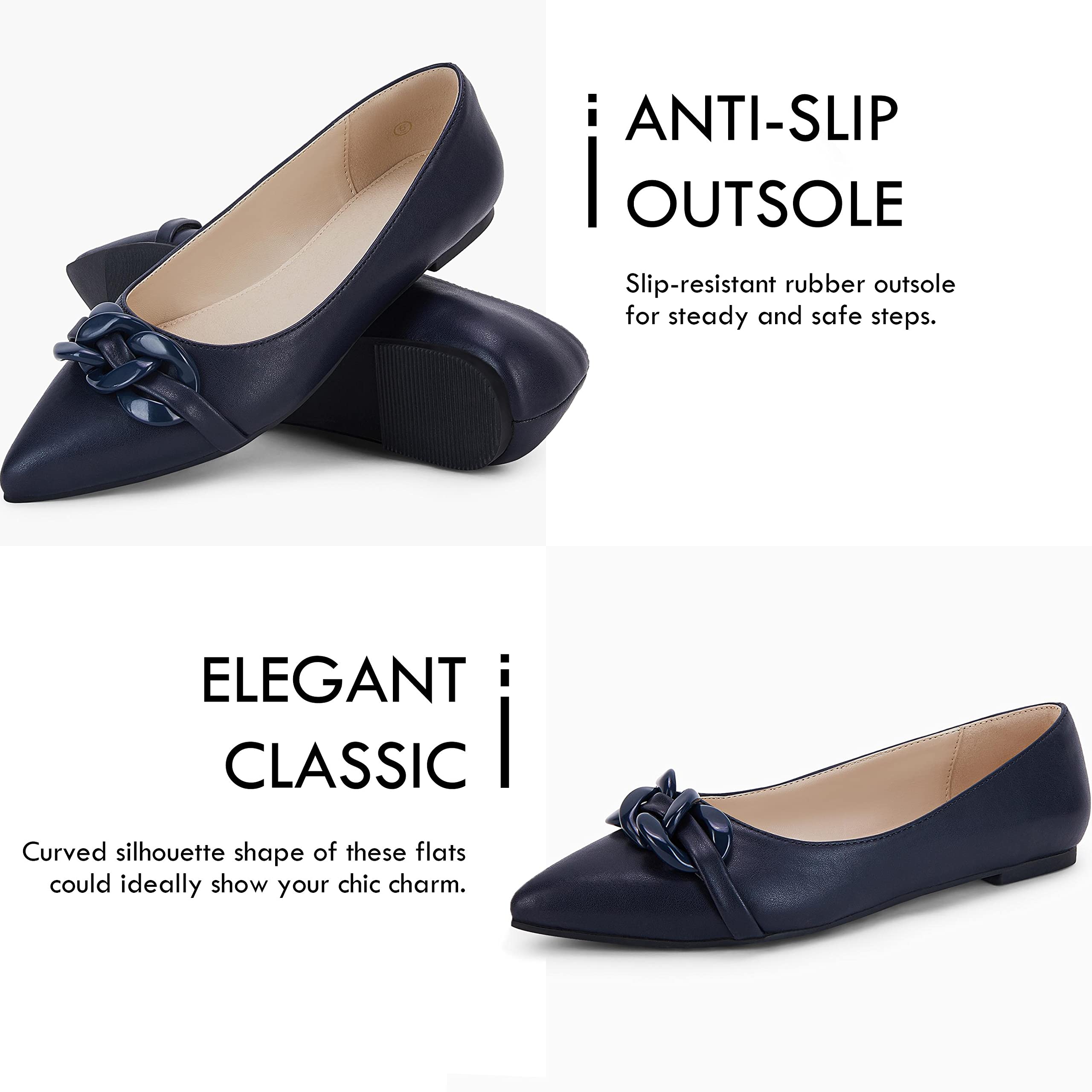Coutgo Women's Ballet Flats - Pointed Toe Slip On Loafers with Chain Detail | Comfortable Dress Shoes for Women | Perfect for Office, Wedding & Casual Outfits