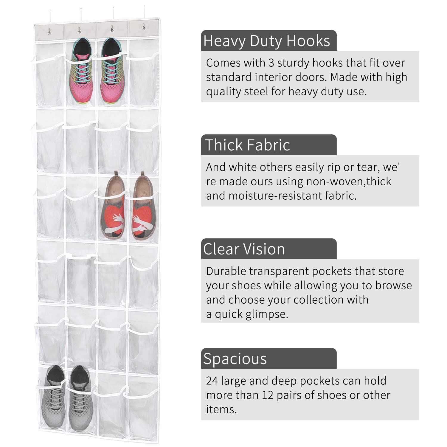 ManGotree Clear Over the Door Shoe Organizer - 24 Pocket Hanging Shoe Rack for Sandals, Sneakers & High Heels | Foldable Shoe Storage Solution for Closet & Entryway Organization (Transparent)