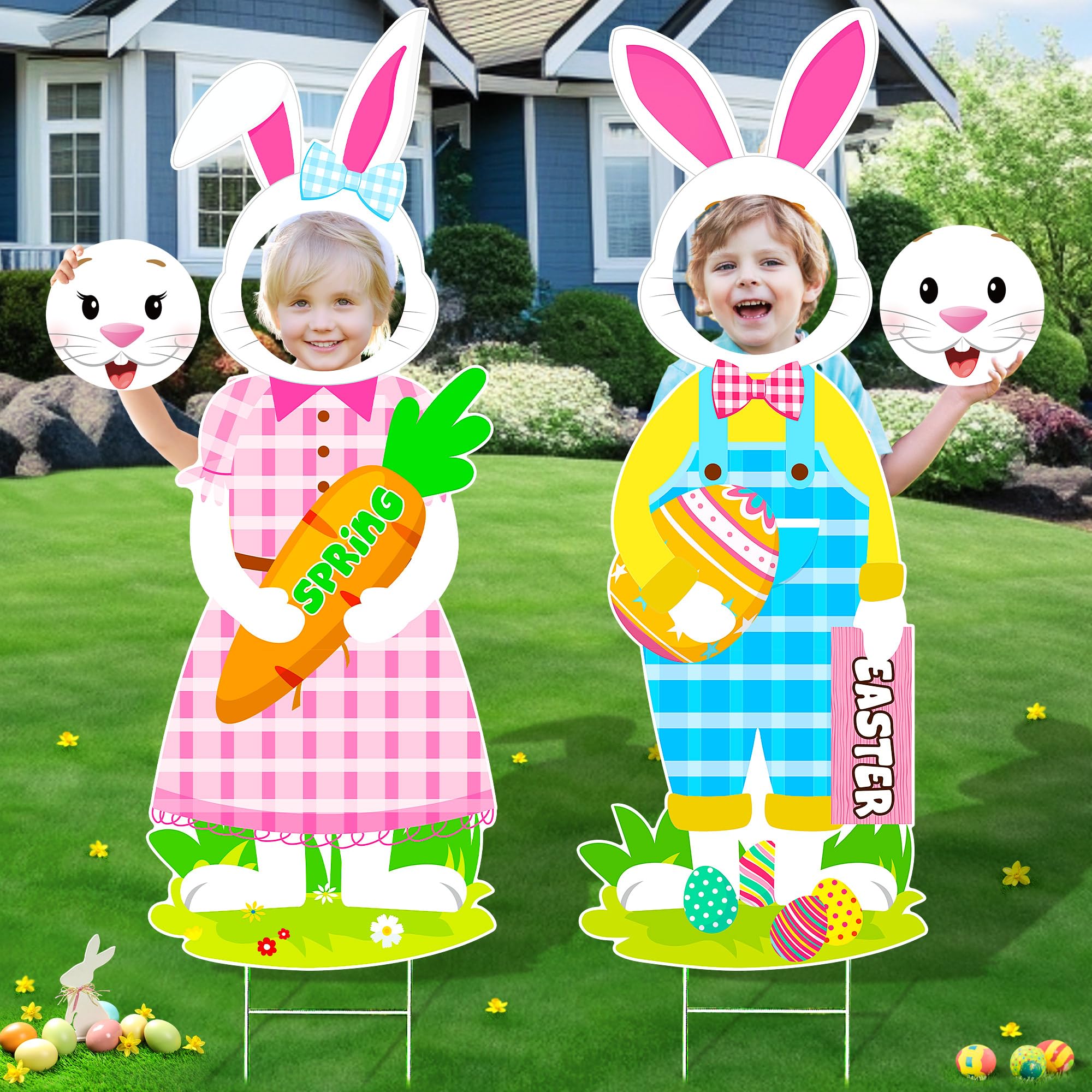 Meonum 2 Pack Large 36'' Easter Bunny Yard Signs with Stakes - Waterproof Funny Photo Props for Easter Egg Hunt, Spring Holiday, Lawn & Garden Decor - Perfect for Outdoor Easter Party Decorations and Backyard Photo Booth Scenes