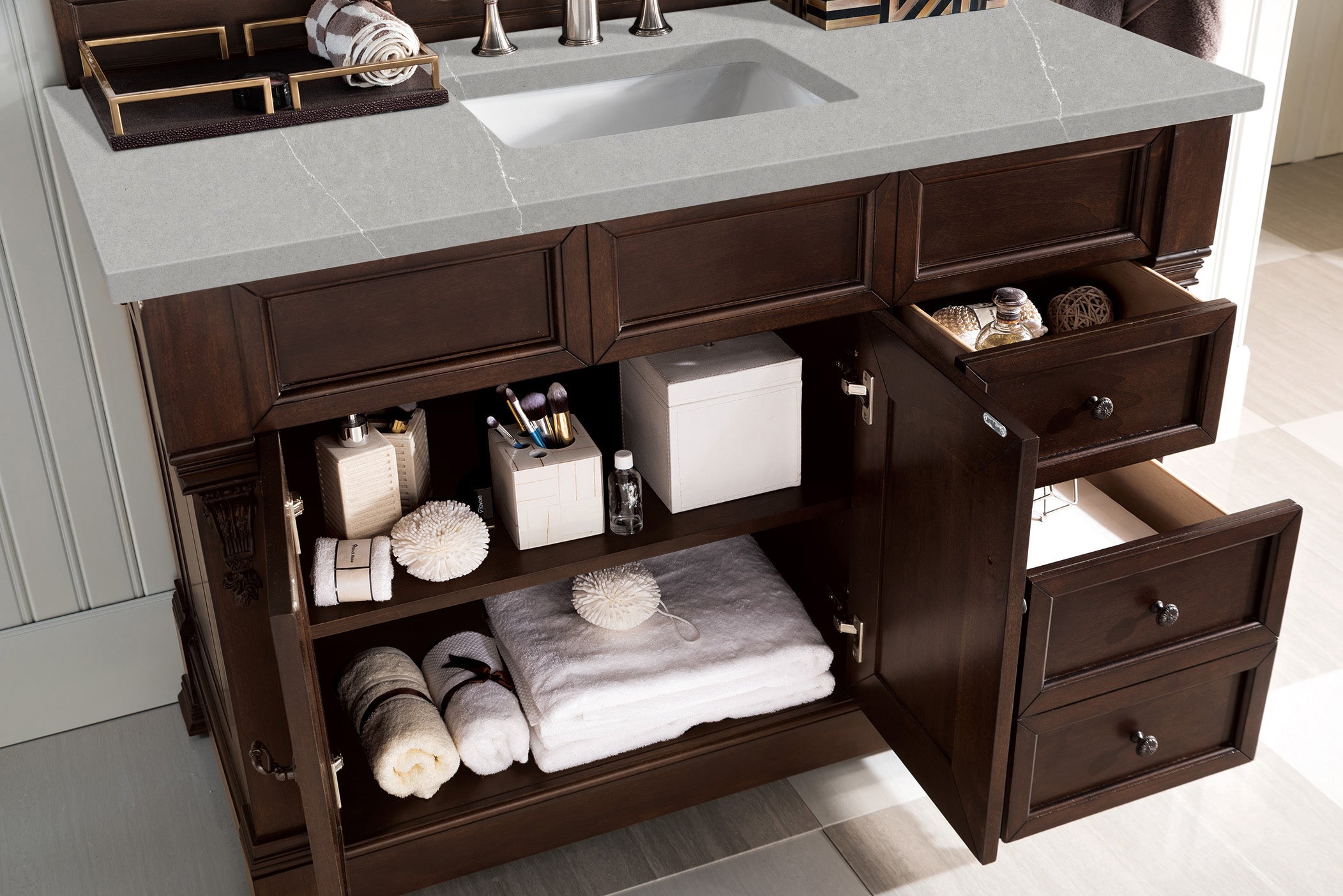 Brookfield 48 Inch Single Bathroom Vanity with Burnished Mahogany Finish & 3CM Eternal Serena Quartz Countertop - Perfect for Modern Master Bathrooms, Guest Baths, and Small Space Remodels