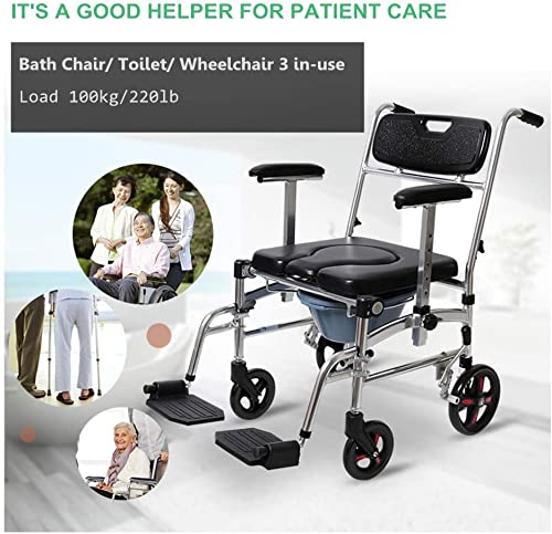 4 in 1 Adjustable Height Bedside Commode Wheelchair with Padded Seat & Detachable Bucket - Portable Toilet Shower Chair for Elderly & Disabled - Ideal for Home Care, Hospital Use & Bathroom Safety (B-Style)