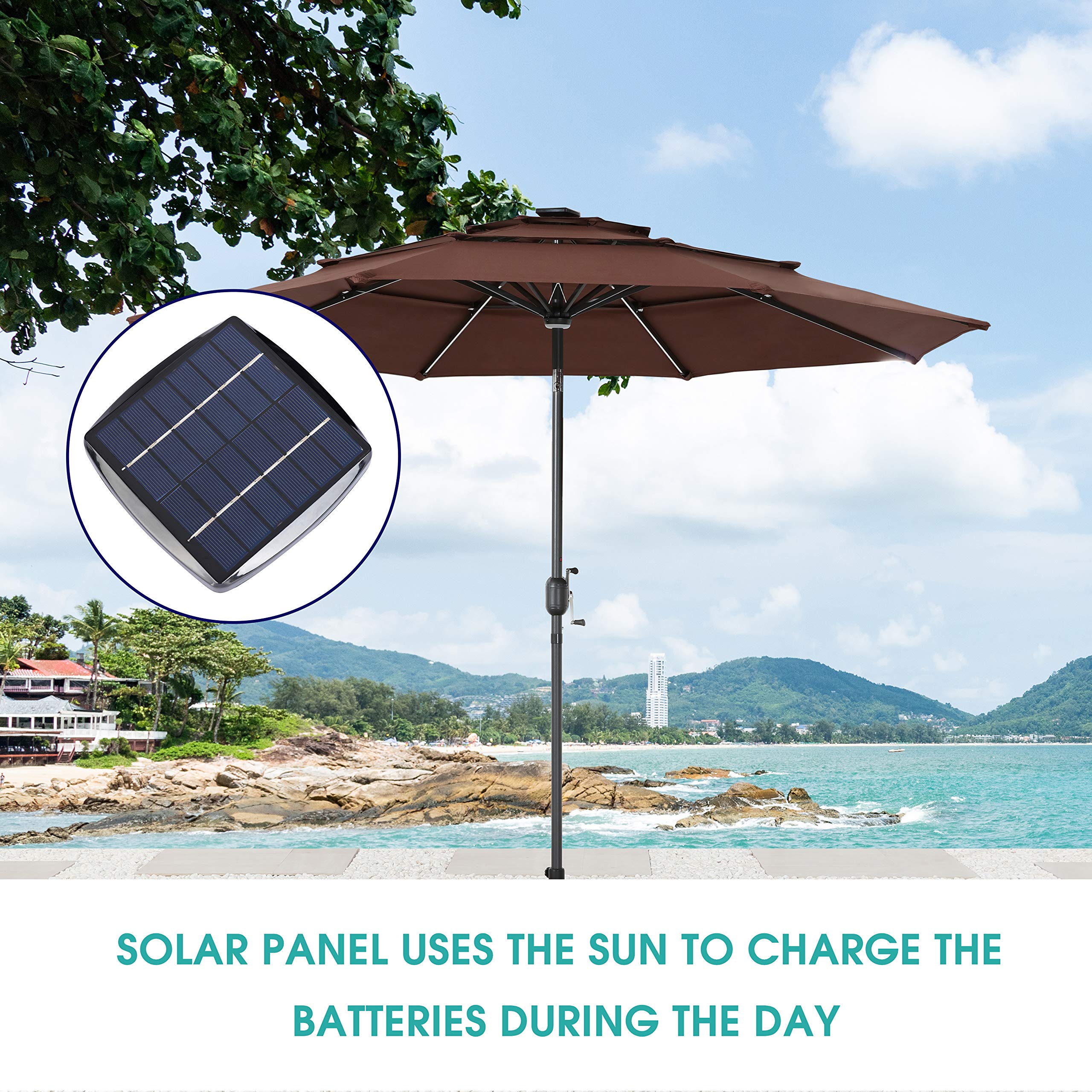LOKATSE HOME 9.5 Foot Solar Powered LED Patio Umbrella with 3-Tier Design, Tilt Adjustment & Crank Handle - 8 Aluminum Ribs & Metal Pole for Outdoor Garden, Deck, Poolside & Market Use - Perfect for Backyard, Patio Furniture and Coffee Shop Outdoor Seating