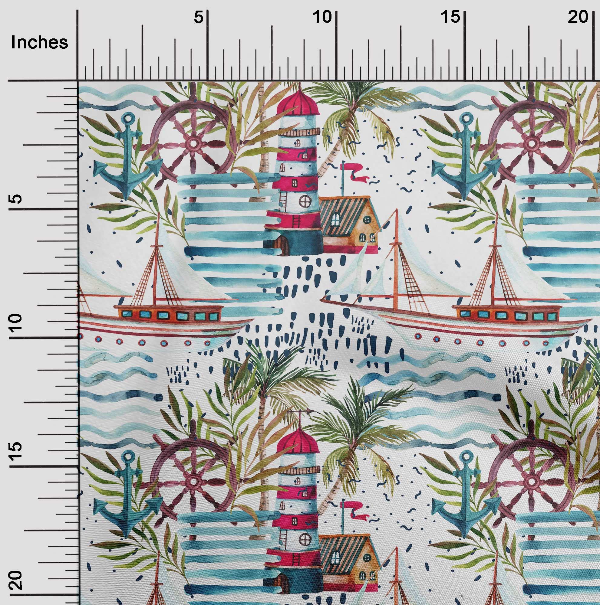 oneOone Polyester Spandex Teal Green Ocean Lighthouse Print Fabric by The Yard - 56 Inch Wide Dress Material for DIY Clothing, Home Decor & Craft Projects
