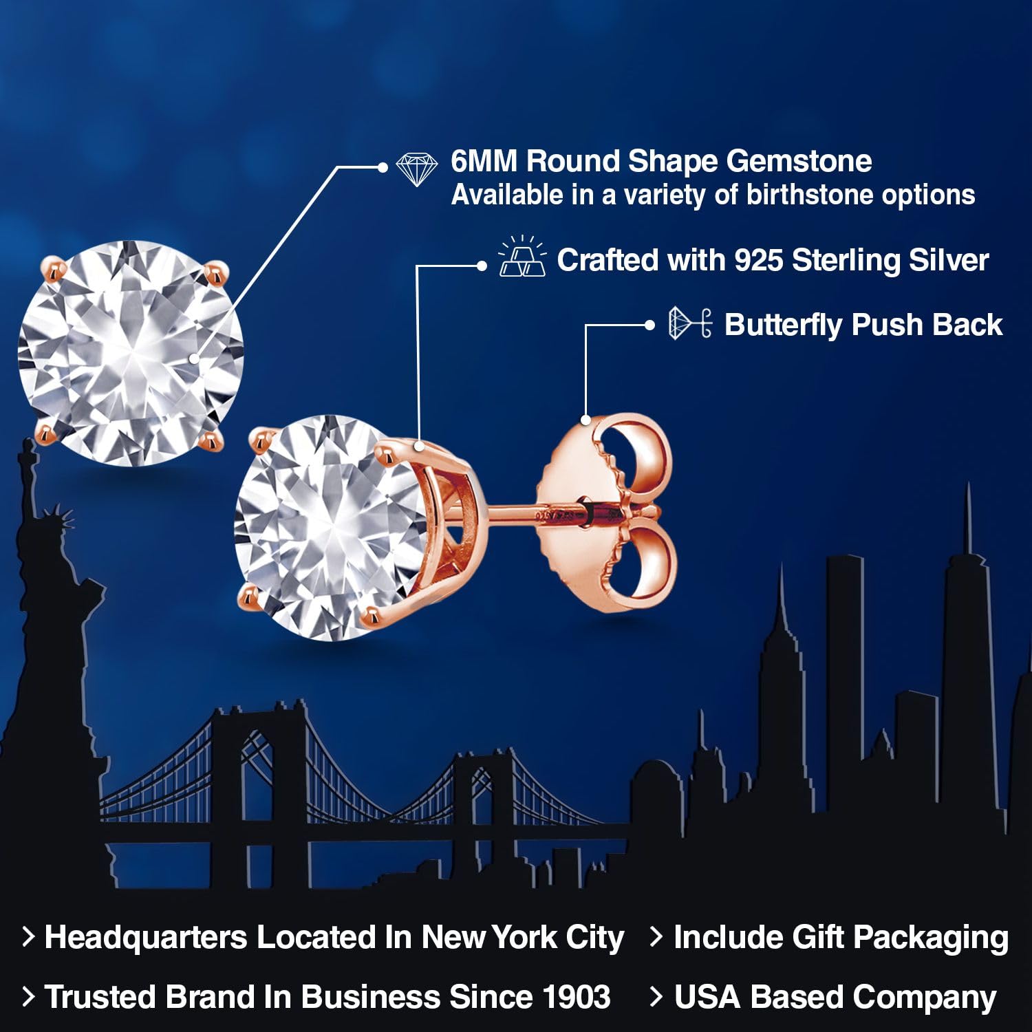 Gem Stone King 18K Rose Gold Plated Sterling Silver 6MM Round Birthstone Stud Earrings for Women & Men | Personalized Jewelry Gift for Birthday, Anniversary & Special Occasions