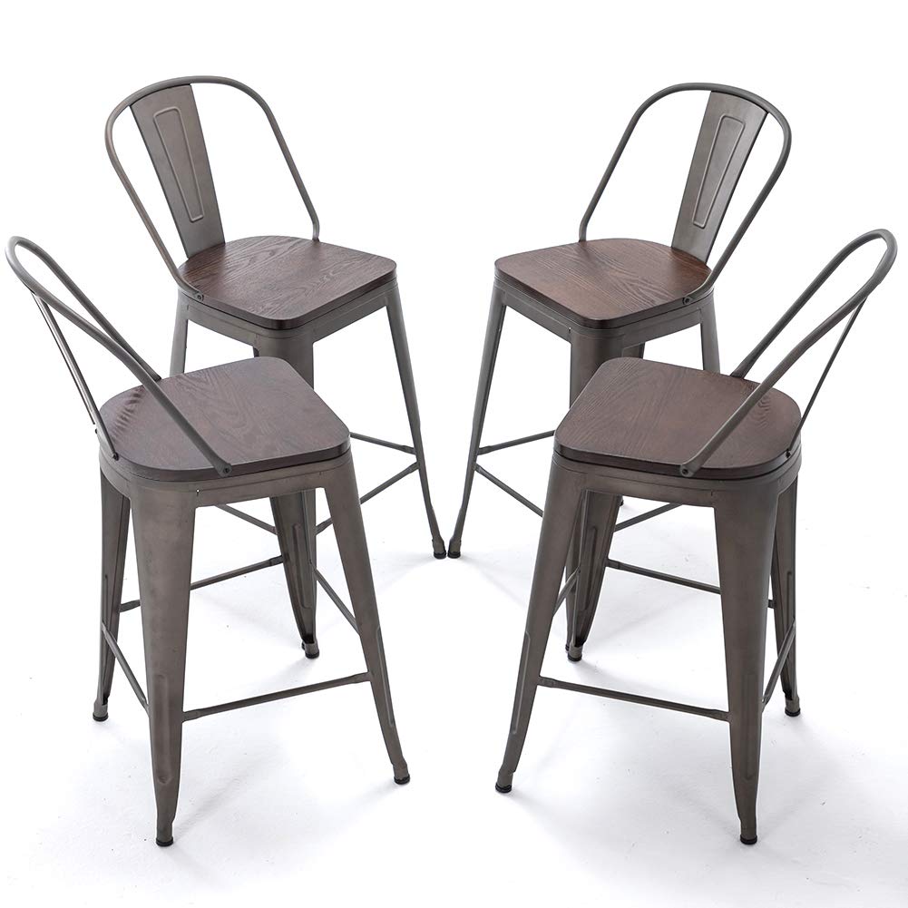 **Rustic Metal Counter Height Bar Stools Set of 4 - 26 Inch High Back Kitchen Counter Stools for Dining & Bar - Perfect for Farmhouse, Industrial, or Modern Kitchen Decor**