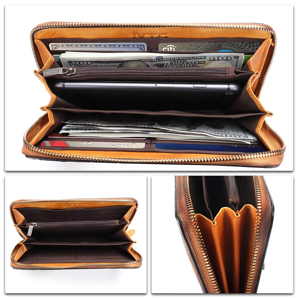 IVTG Genuine Leather Wallets for Women - Vintage Embossed Cowhide Long Purse, Handmade Small Clutch Wallet (Brown) | Perfect for Everyday Use, Gift Giving & Special Occasions