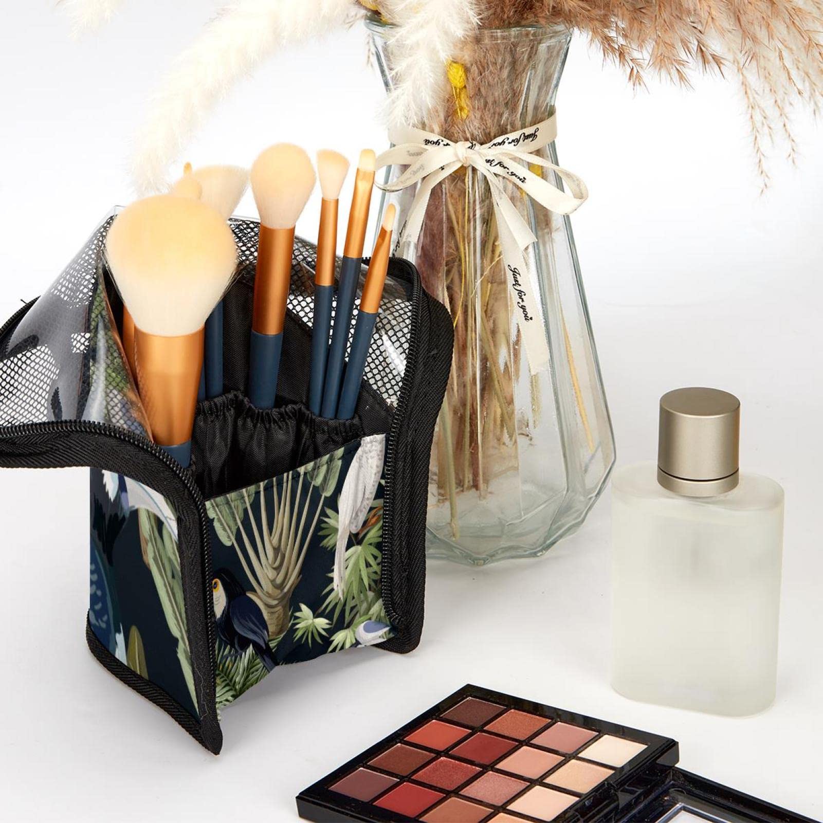 Jungle World Toucan Parrot Makeup Brush Organizer Bag with 12 Slots - Portable Waterproof Cosmetic Brush Holder Case for Travel, Home & Professional Makeup Artists