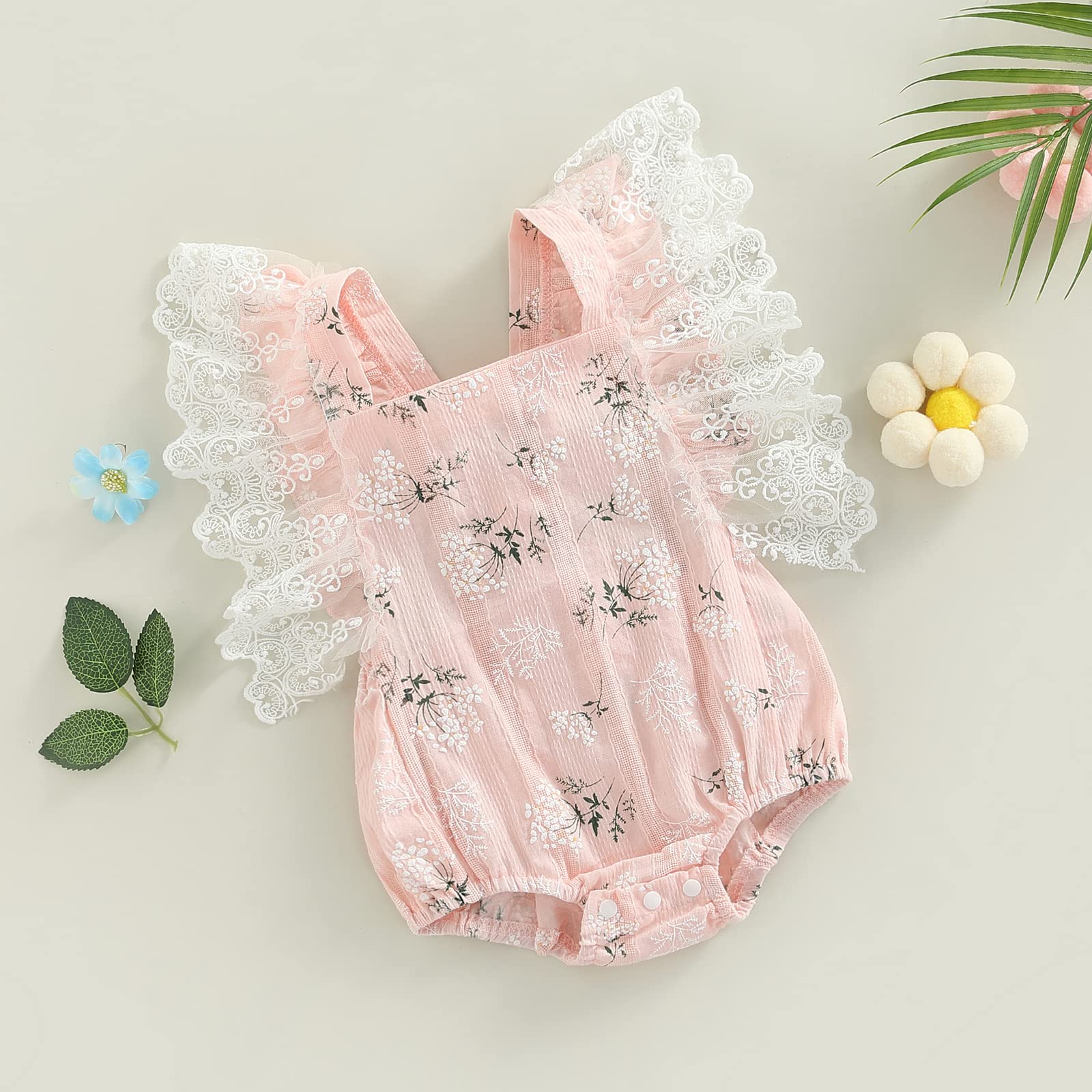 Newborn Baby Girl Romper Outfit - Lace Flutter Sleeve Floral Bodysuit One-Piece Summer Clothes | Perfect for Photoshoots, Parties & Daily Wear
