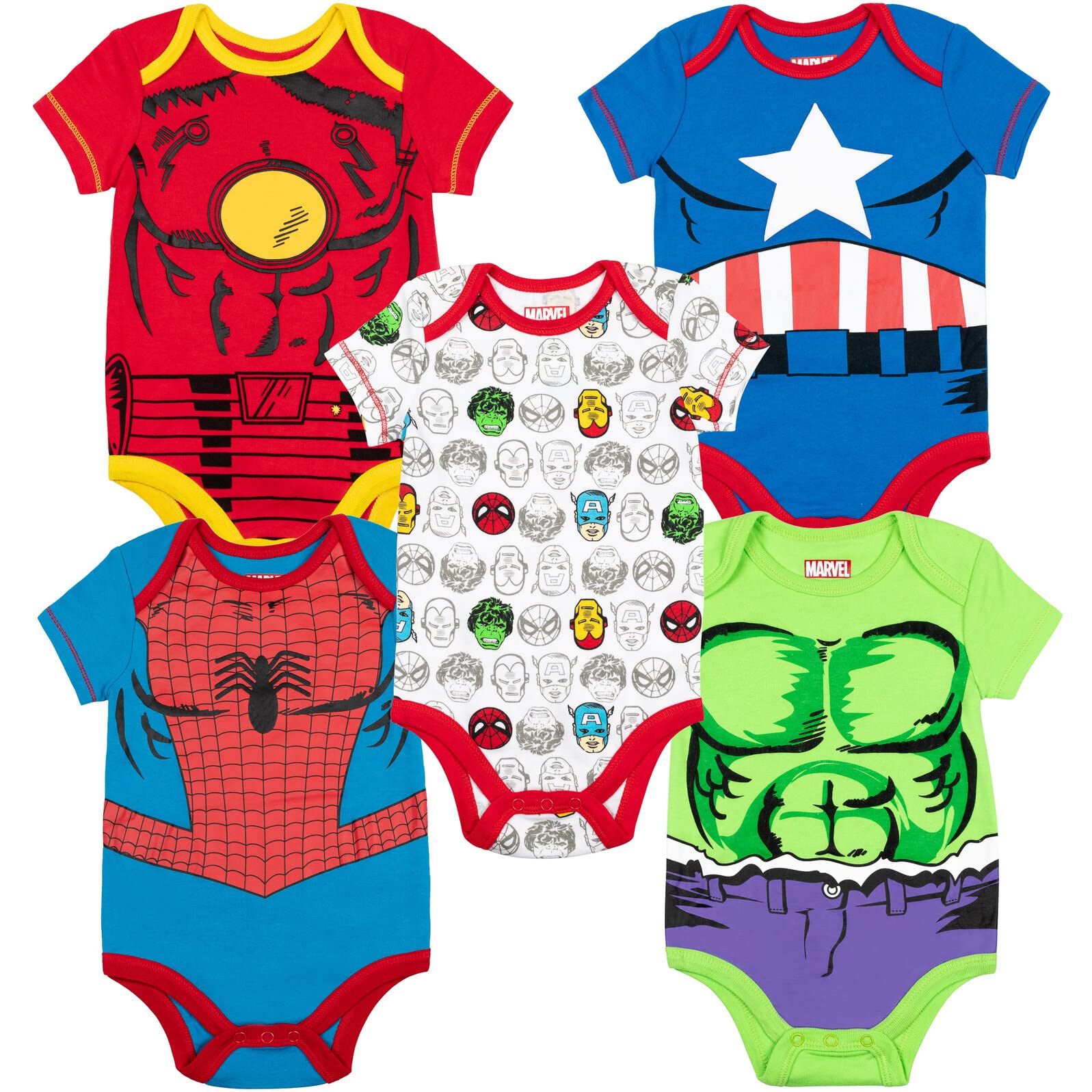 Marvel Superhero Baby Boys' 5-Pack Bodysuits - Hulk, Spiderman, Iron Man & Captain America | Soft Cotton Infant Onesies for Newborns & Toddlers | Perfect for Playtime, Photo Shoots & Superhero-Themed Parties
