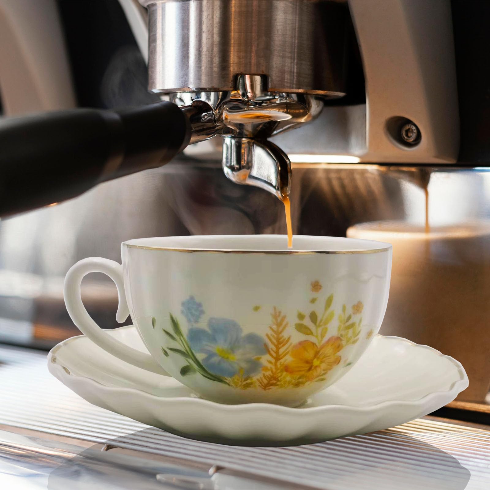Elegant Floral Tea Cups and Saucers Set of 6 (7 oz) - Gold Trimmed Coffee Mugs, Cappuccino Cups with Spoon - Perfect for Tea Parties, Afternoon Tea, Bridal Showers & Home Decor Gifts