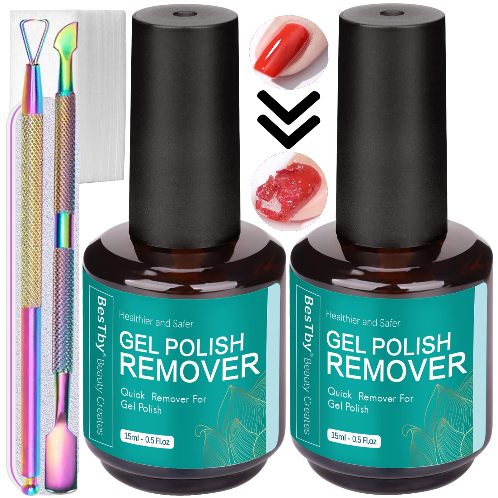 **Gel Nail Polish Remover Kit - 2 Pack (0.5 oz/15 ml Each) with Tools for Fast Soak-Off in 3-5 Minutes | Perfect for Salon & At-Home Manicures**