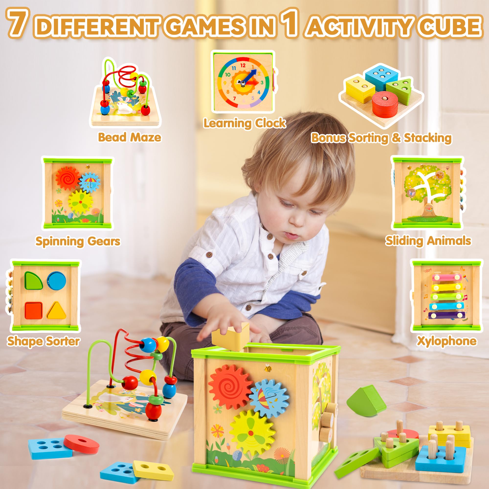 7-in-1 Wooden Activity Cube Montessori Toy for 1 Year Old Boys & Girls - Educational Learning Toy with Bonus Sorting & Stacking Board - Perfect First Birthday Gift for Toddlers - Great for Early Childhood Development & Playroom Activities