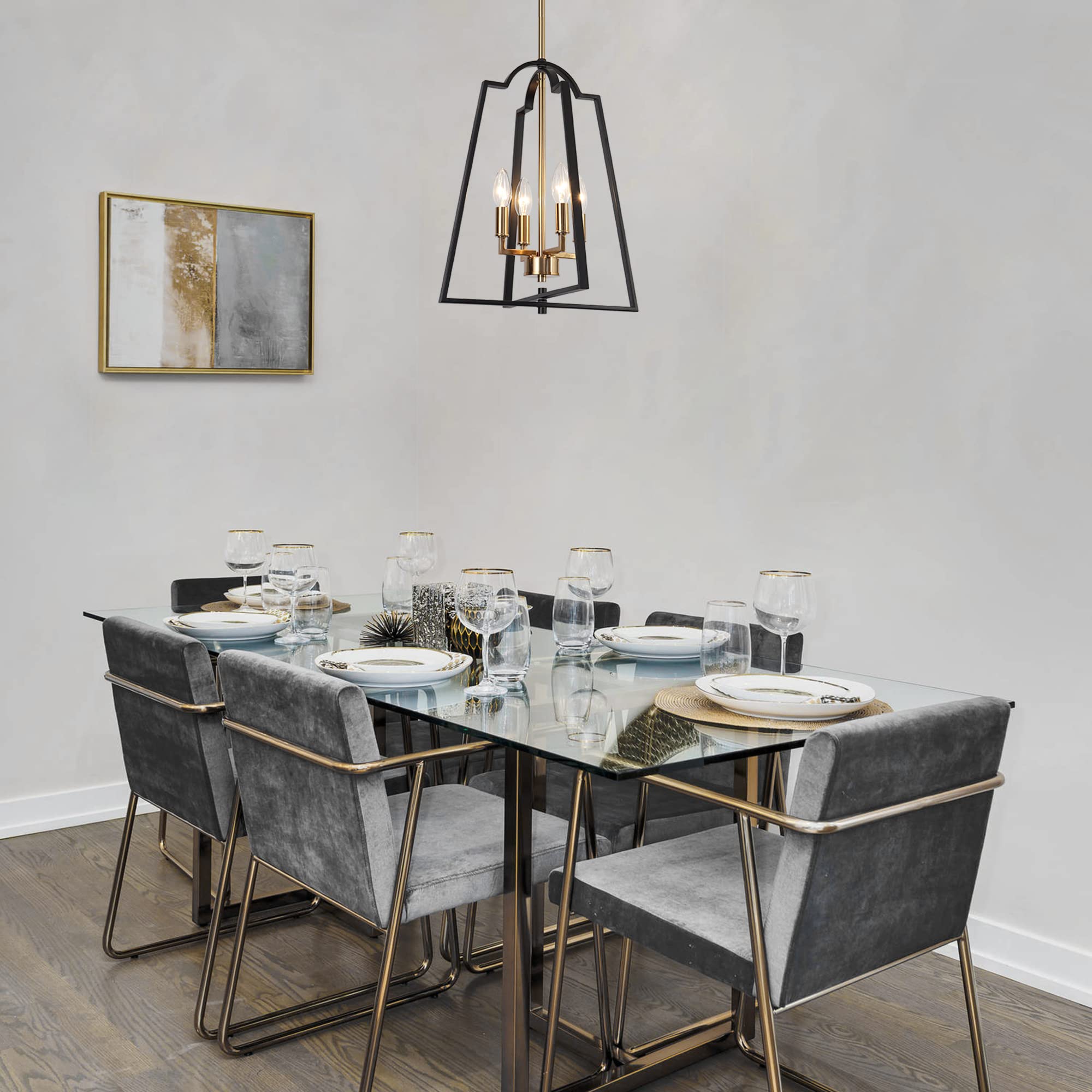 ZEVNI Black Gold 4-Light Chandelier - Modern Lantern Cage Pendant Light Fixture for Kitchen Island, Dining Room, Living Room, Bedroom, Foyer & Entryway | Elegant Lighting for Home Decor & Interior Design