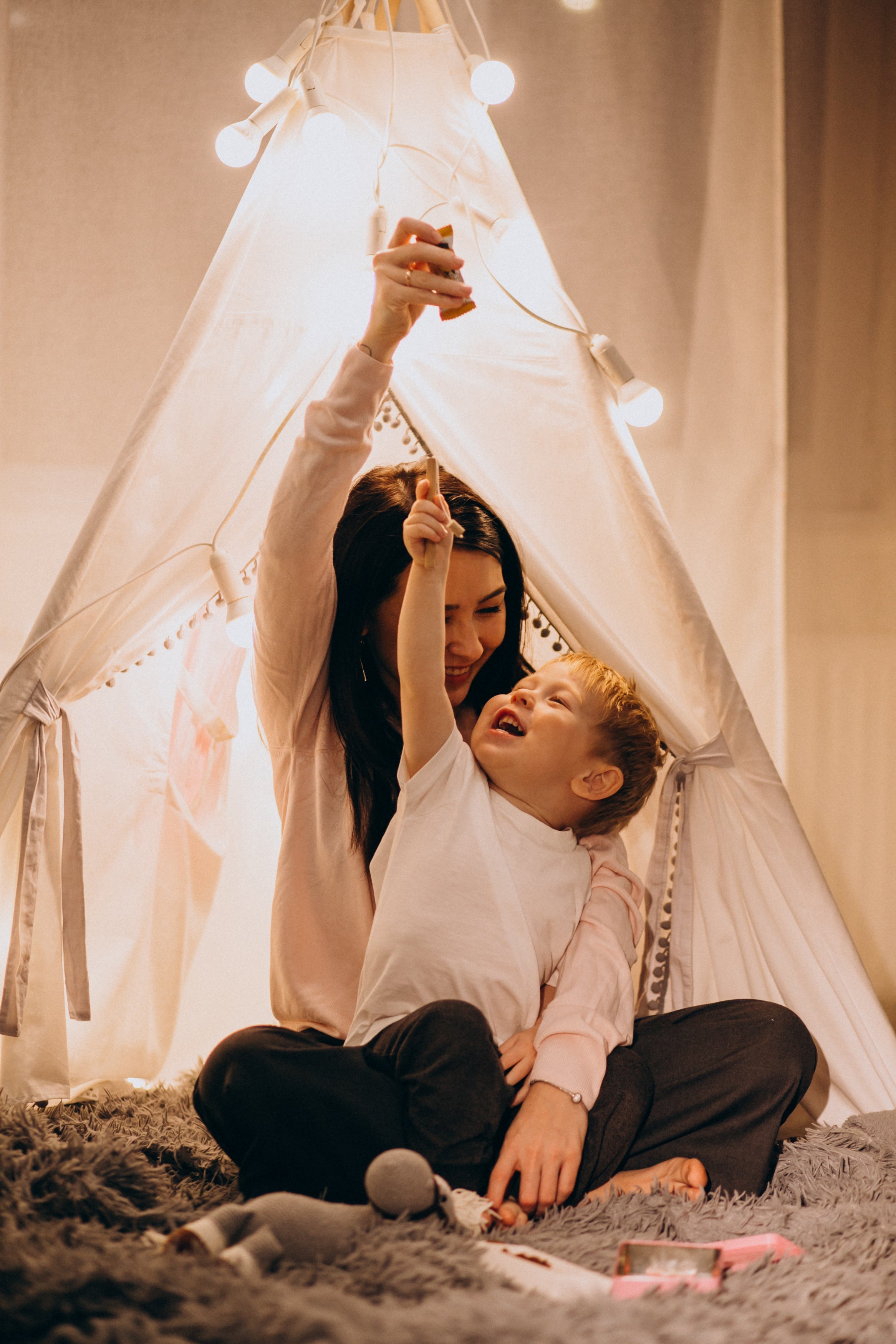 Large Foldable Kids Canvas Teepee Play Tent with LED Lights - White | Indoor Outdoor Playhouse for Children's Bedroom, Camping & Backyard Adventures