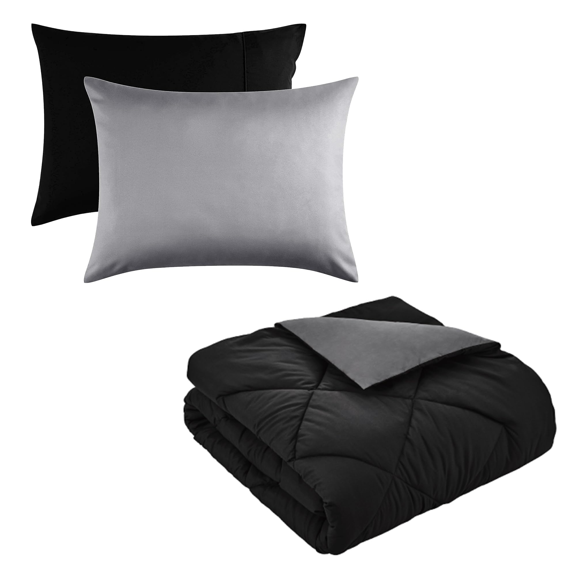 Black Microfiber Reversible Comforter Set for Boys - Lightweight Breathable Dorm Bedding with 2 Pillowcases | Perfect for Back to School & College Dorm Room Decor