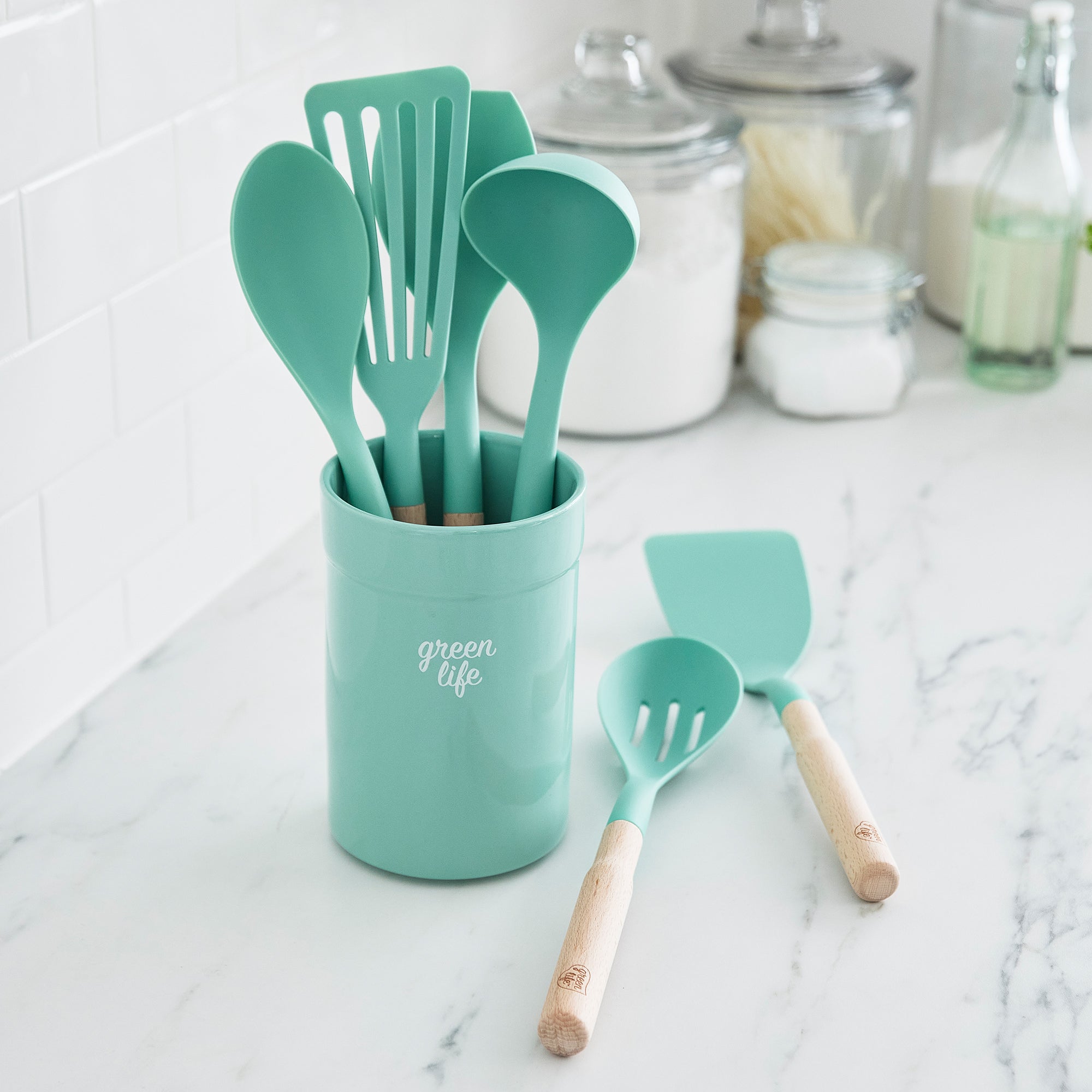 GreenLife Non-Toxic Nylon & Wooden Cooking Utensil Set with Ceramic Crock - 7-Piece Kitchen Tools for Healthy Cooking | Turquoise Color | Perfect for Sauteing, Stirring & Serving