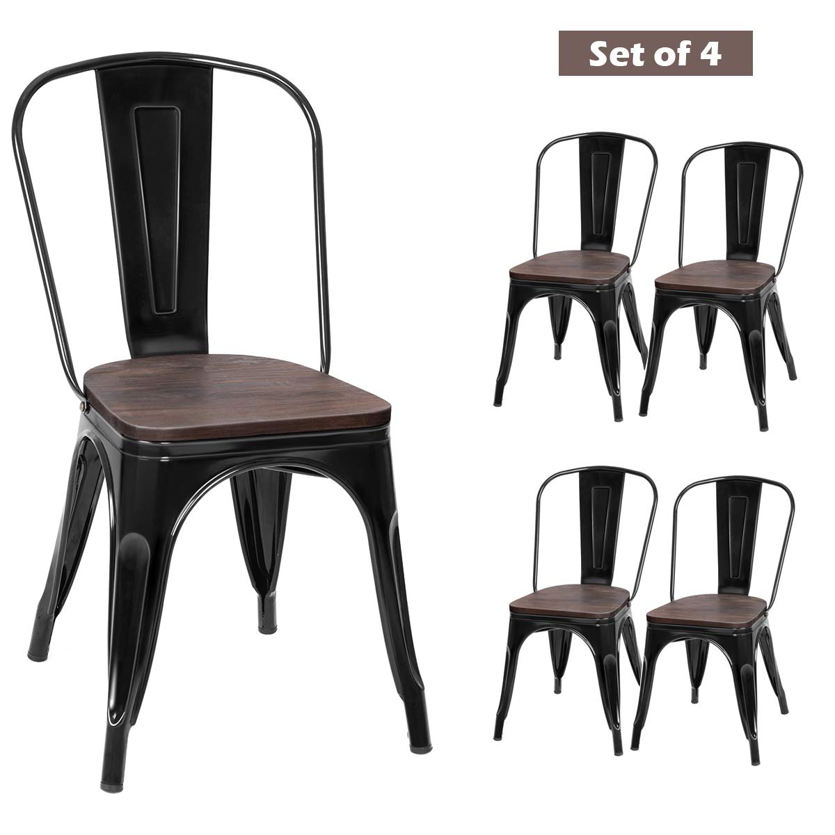 GOFLAME Set of 4 Metal Dining Chairs with Wood Seat - Tolix Style Stackable Bistro Chairs for Indoor & Outdoor Use - High Back Cafe Side Chairs for Restaurant, Living Room, Patio & Kitchen (Black)