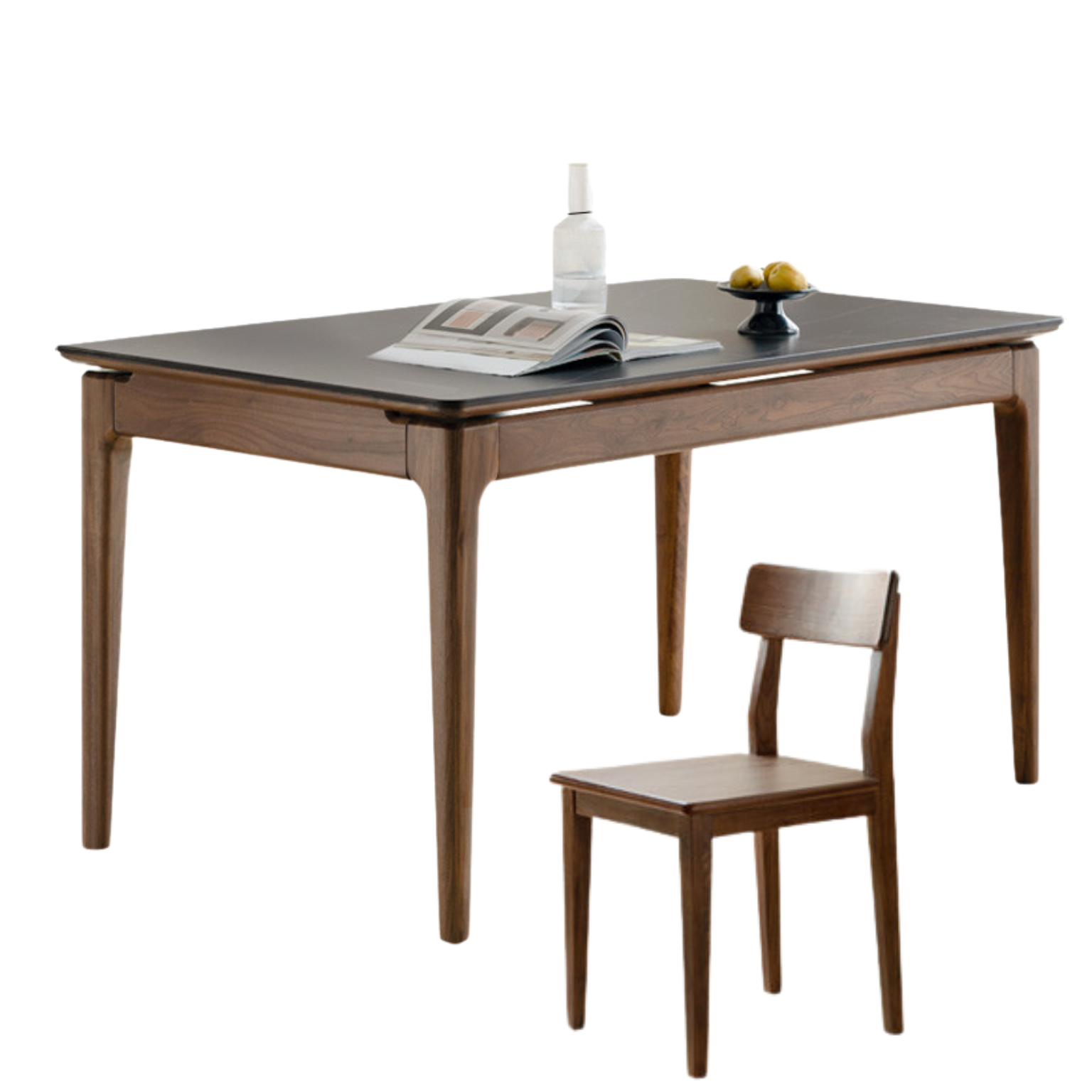 55.1x31.4x29.9 inch / 140x80x76.5 cm / Rich Dark Walnut color / Dining table + four chairs