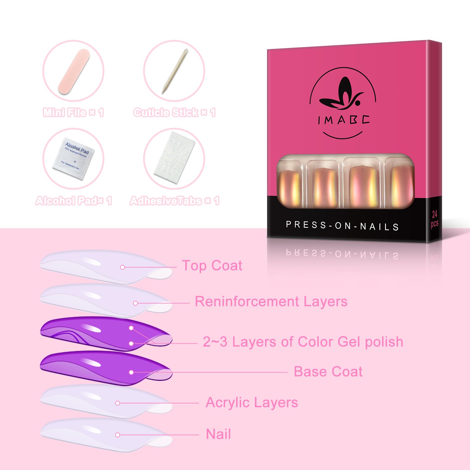 24pcs Short Squoval Press On Nails - Glossy Rainbow Chrome Fake Nails with Full Cover Design | Shiny Fingernail Tips for Parties, Weddings & Special Occasions