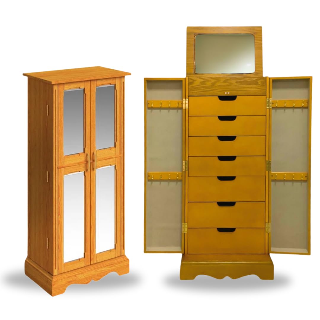 Walnut Jewelry Armoire with Mirror & Drawers - Organize Necklaces, Earrings & Bracelets for Bedroom
