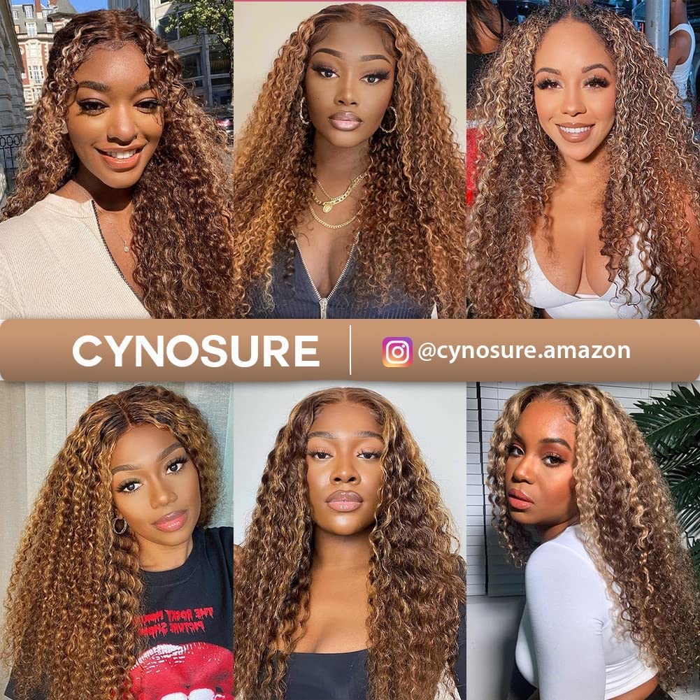 CYNOSURE 13x5 Curly Honey Blonde Ombre Highlight HD Lace Front Human Hair Wig for Women - Invisible Pre-Plucked 18 Inch - Perfect for Daily Wear, Parties & Special Occasions