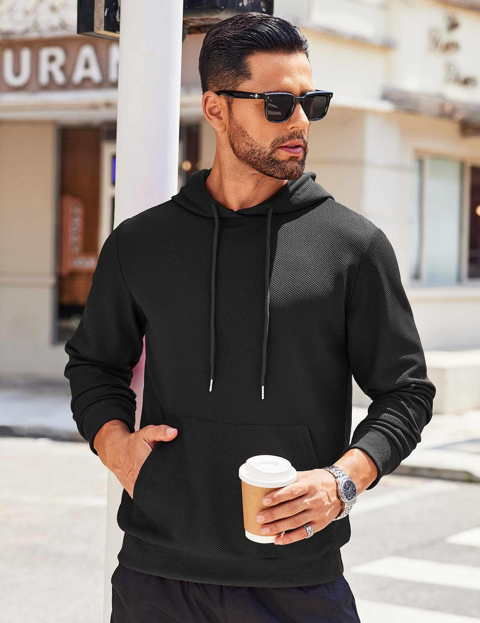 COOFANDY Men's Long Sleeve Hooded Sweatshirt - Soft Waffle Knit Pullover Hoodie with Kangaroo Pocket | Casual Streetwear for Fall & Winter | Perfect for Outdoor Activities, Gym, and Daily Wear