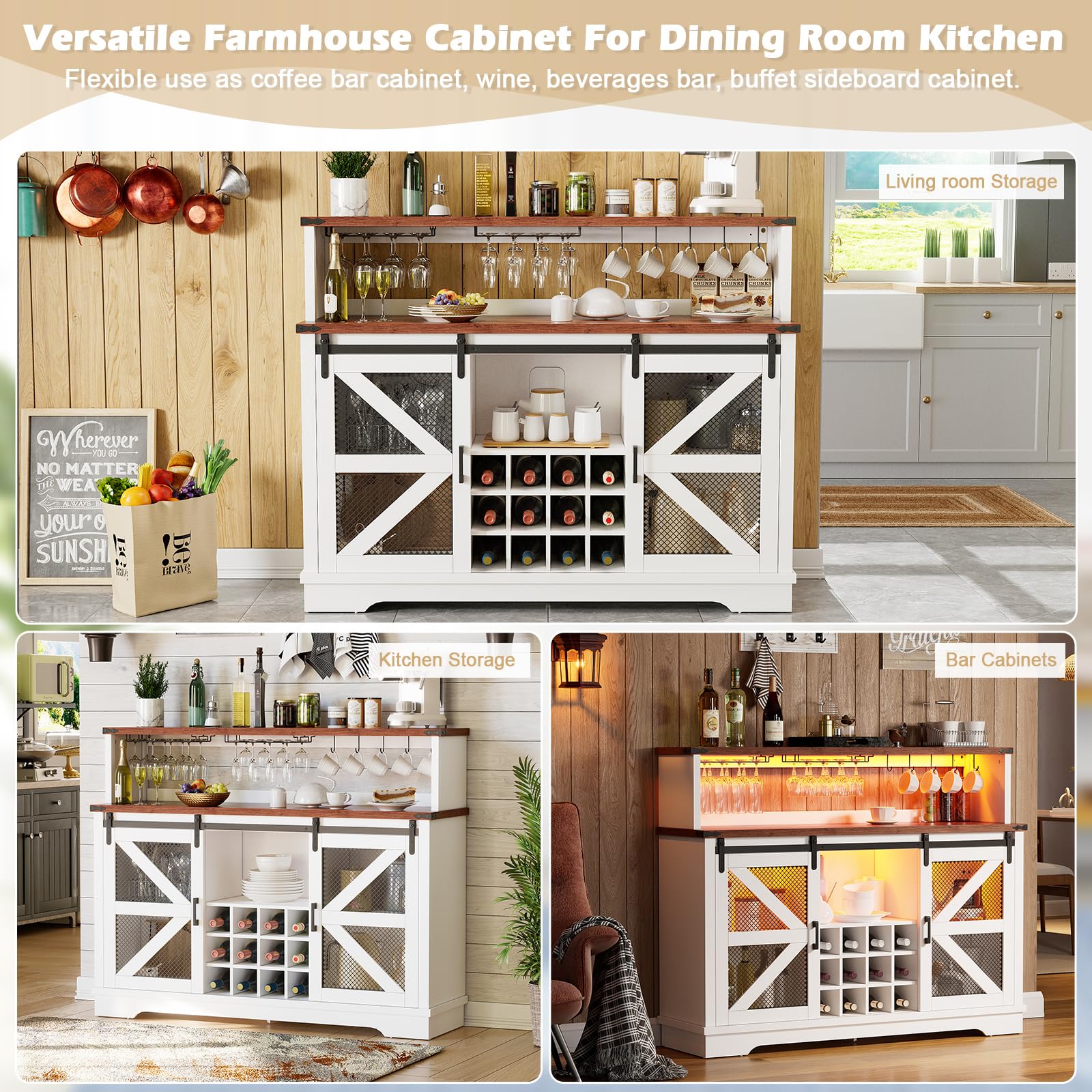 Farmhouse Wine Bar Cabinet with LED Lights - White Liquor & Coffee Bar Cabinet with Sliding Barn Door, Glass Rack & Storage Shelves - Sideboard Buffet Cabinet for Living Room, Dining Room & Home Decor - Perfect for Entertaining Guests & Displaying Glassware