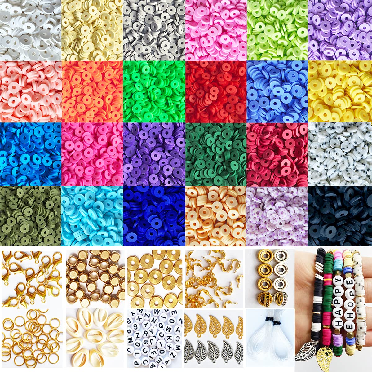 7800 Pcs 24 Colors Polymer Clay Beads Kit - 6mm Flat Round Spacer Heishi Beads with Pendants, Jump Rings & Letter Beads for DIY Bracelets, Necklaces, Earrings | Perfect for Jewelry Making, Craft Projects & Gifts