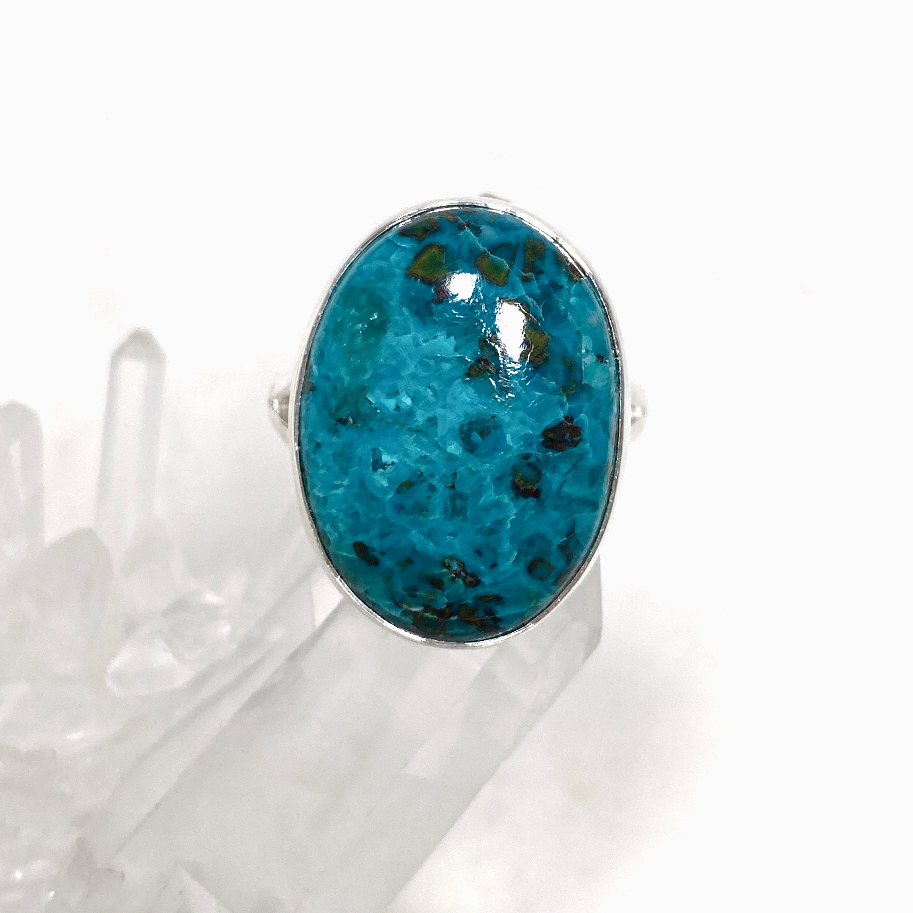 Chrysocolla Shattuckite Dioptase Oval Split Band Ring Size 9 - Natural Gemstone Jewelry for Women, Healing Crystal Ring for Meditation & Energy Work KRGJ3230