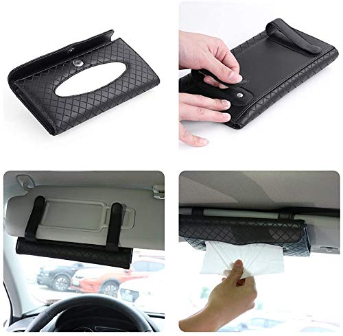 Uphily Premium PU Leather Car Tissue Box Holder - Luxury Sun Visor Napkin Organizer for Vehicles, Hanging Backseat Tissue Dispenser for Cars & Trucks (Black Plaid) - Perfect for Road Trips & Daily Commute