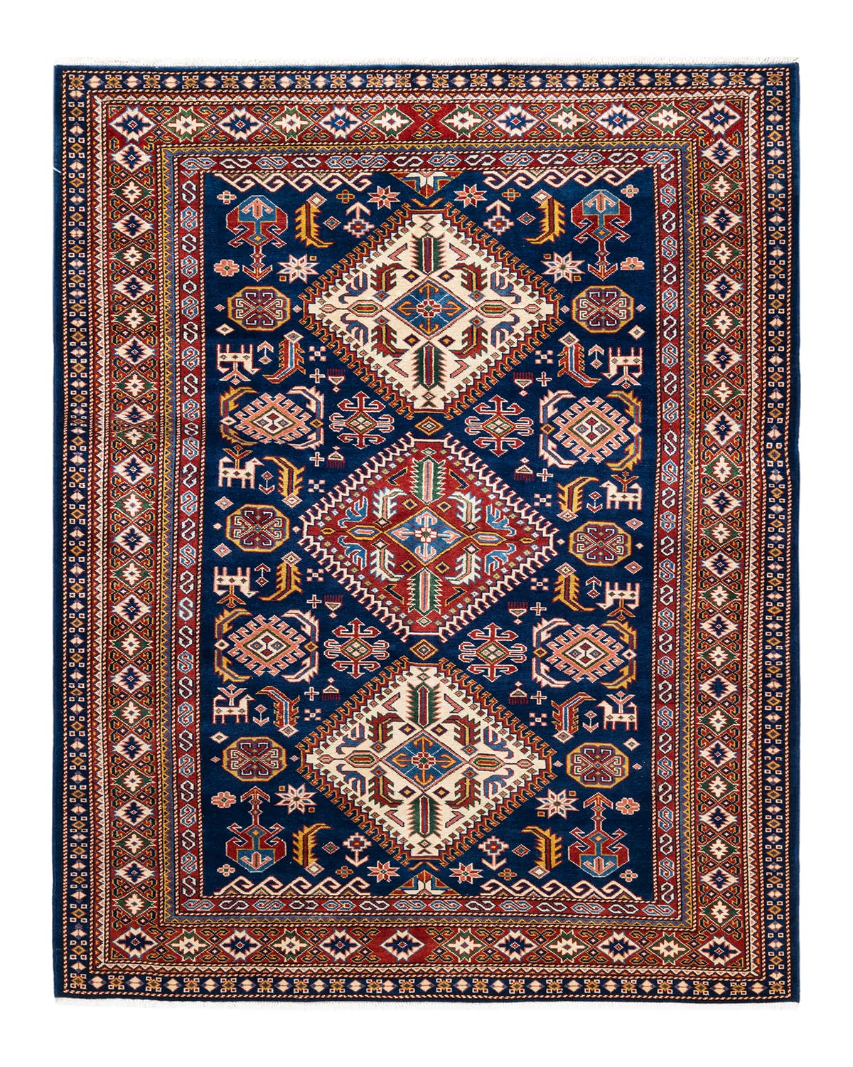 Handmade Bohemian Blue Wool Area Rug 5x8 - Unique Hand-Knotted Tribal Design for Living Room, Bedroom & Boho Decor
