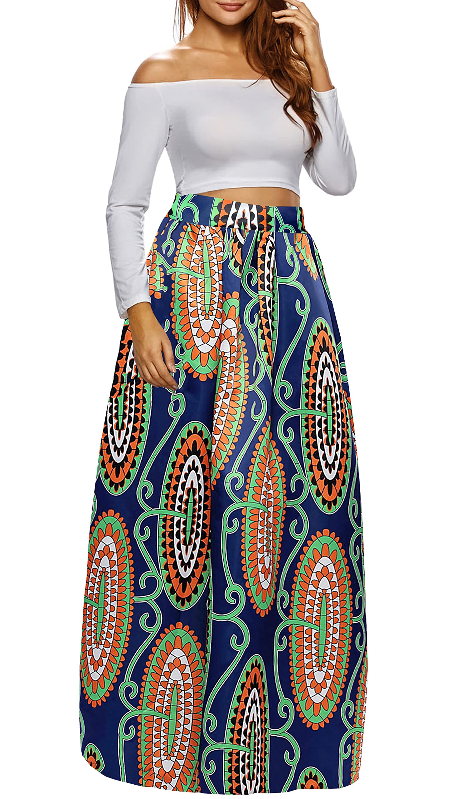 Afibi Women's African Print Maxi Skirt - Flared A-Line Long Skirt with Pockets (Sizes S-5XL) | Boho Chic Summer Dress for Beach, Vacation & Casual Wear
