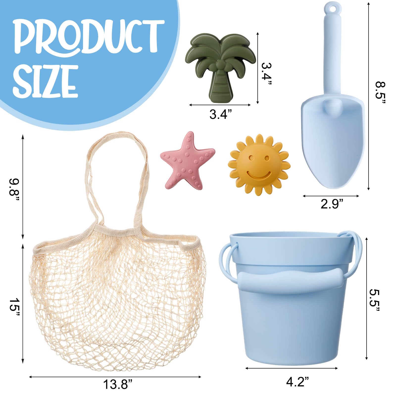 Hungdao 14-Piece Silicone Beach Toys Set - 2 Buckets, 2 Shovels, 9 Sand Molds & 1 Storage Bag - Non-Toxic Kids Sand Toys for Boys & Girls - Perfect for Beach, Pool, Backyard & Outdoor Summer Play (Blue & Green)