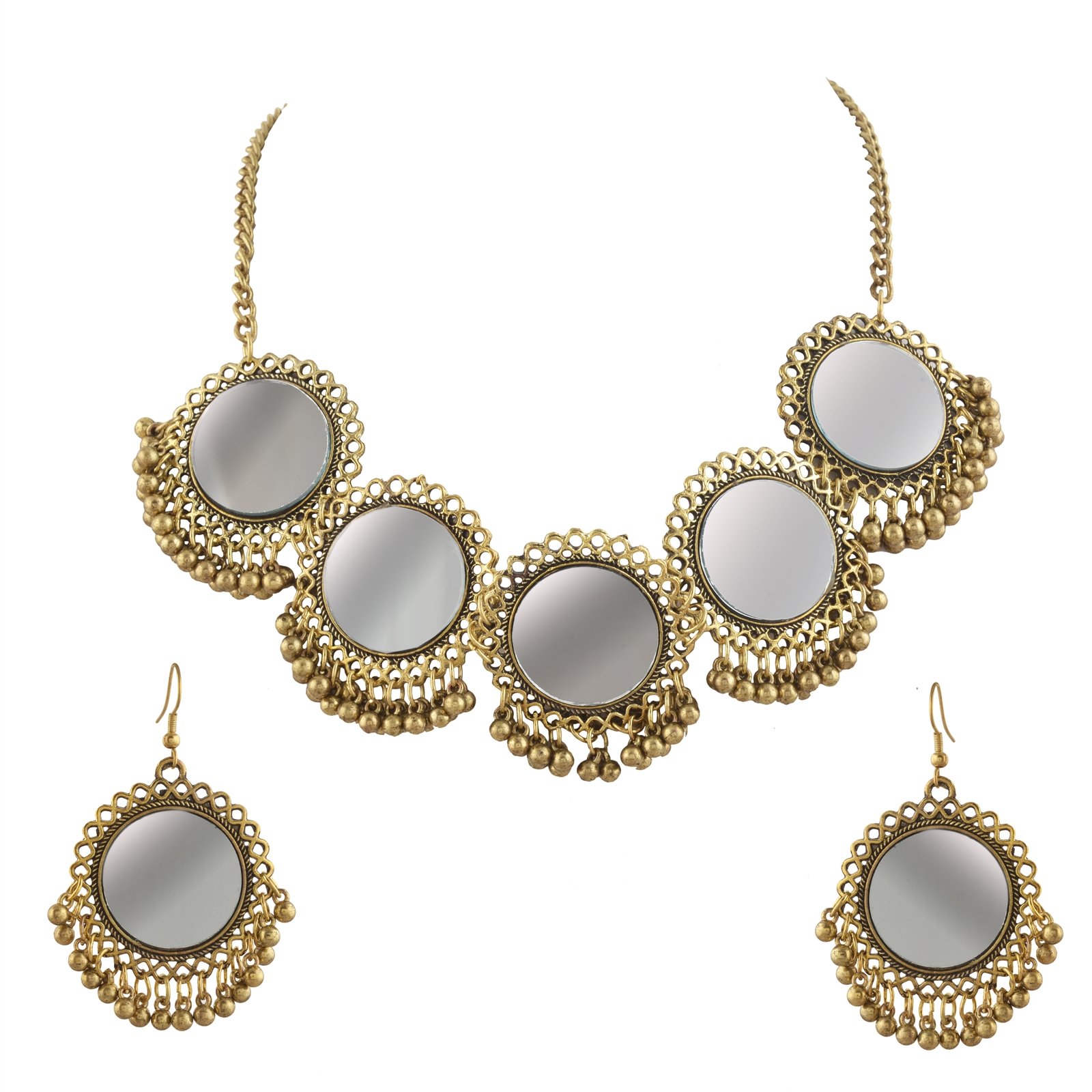 Zephyrr Fashion Afghani Gold Beaded Pendant Necklace & Earrings Set with Mirrors for Women & Girls - Perfect for Weddings, Parties & Ethnic Fashion