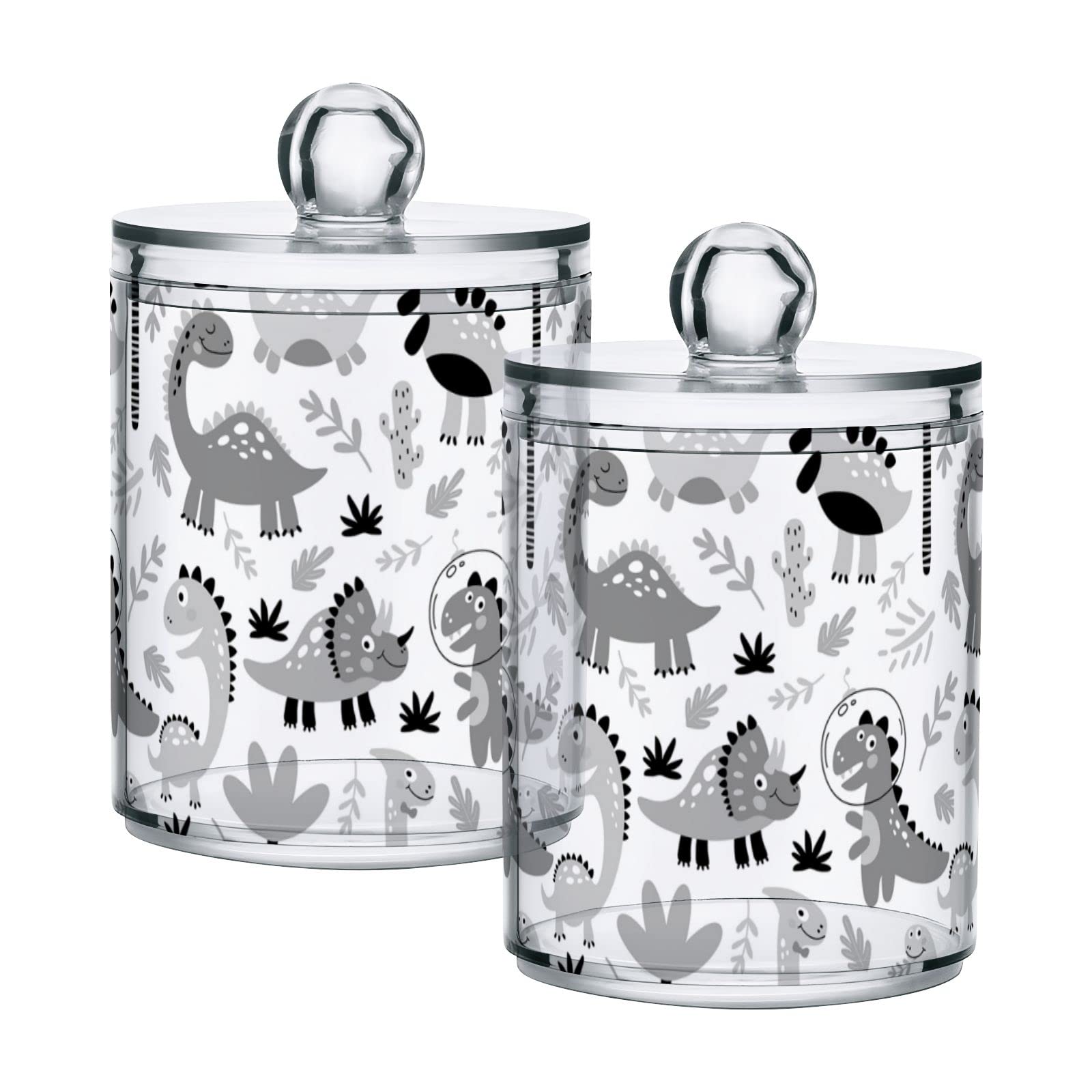 Vintage Black & White Dinosaur Plastic Storage Jars with Lids - Set of 2 (10oz) - Translucent Food Containers for Tea, Cookies, Cotton Swabs - Perfect for Kitchen Pantry Organization & Bathroom Storage