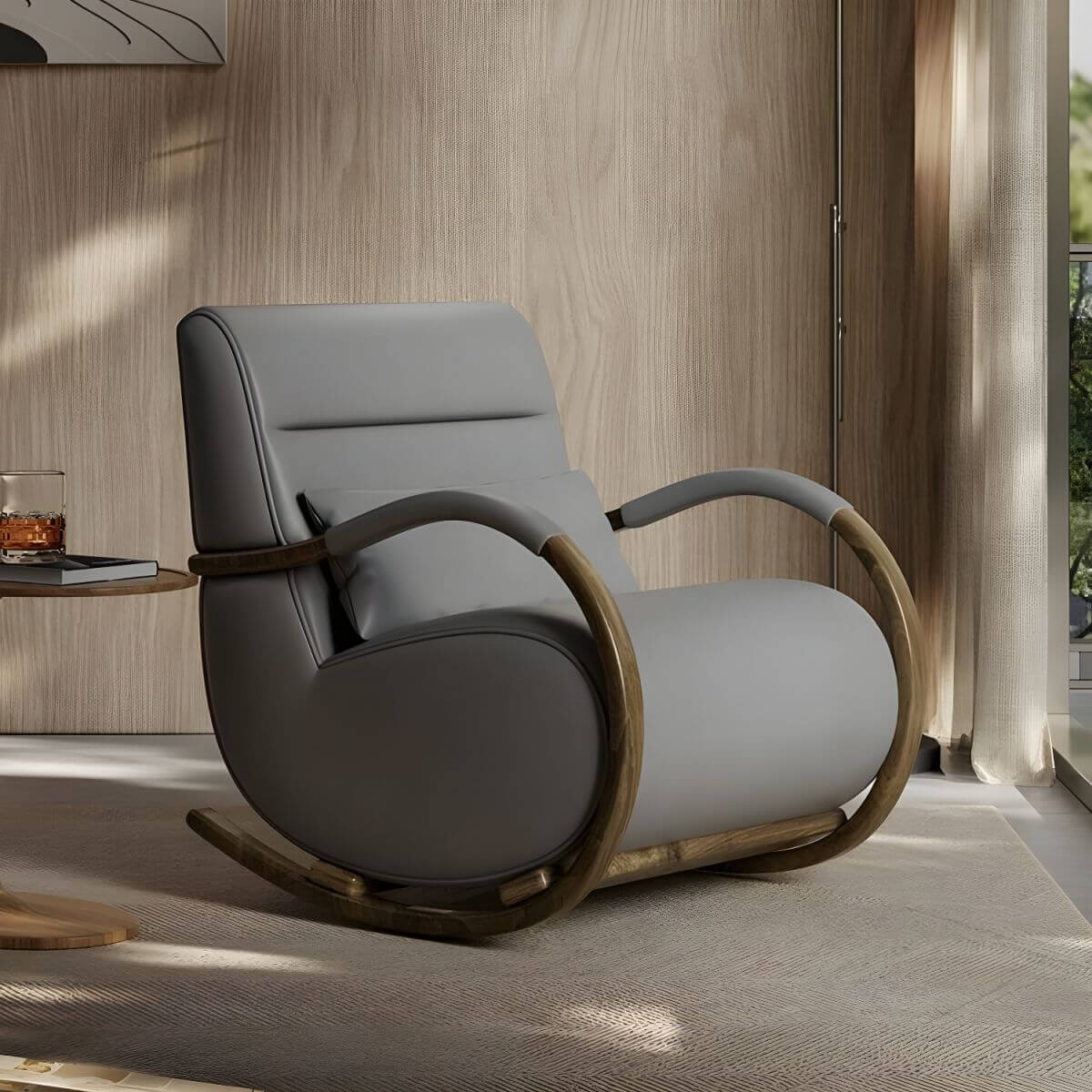 Modern Brown Wood Indoor Rocking Chair with Spindle Back & Water-Resistant Seat - Perfect for Nursery, Living Room & Relaxation