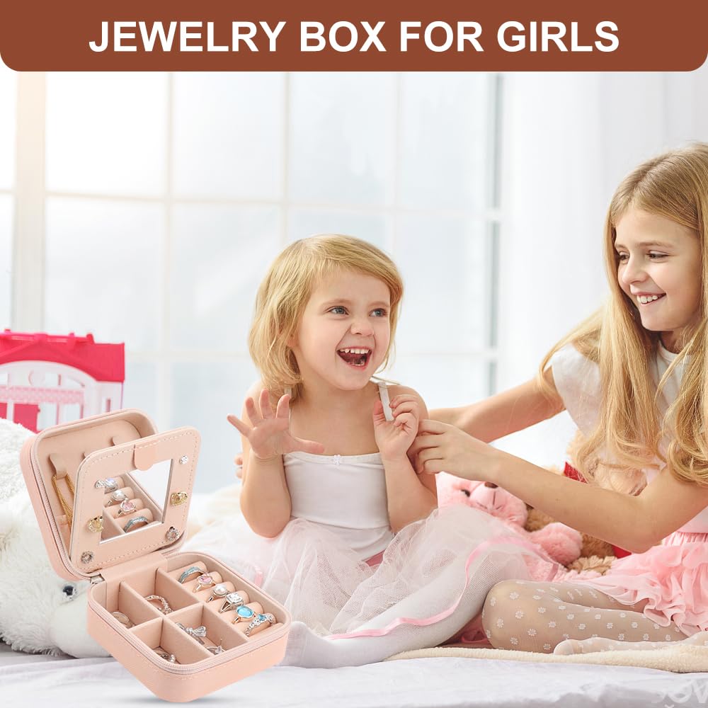 WALLFID Girls Jewelry Box - Portable Travel Jewelry Organizer with Mirror, Small Jewelry Storage Case for Kids - Perfect Birthday Gift & Travel Essential for Girls (Pink) - Ideal for Travel, Sleepovers & Birthday Presents