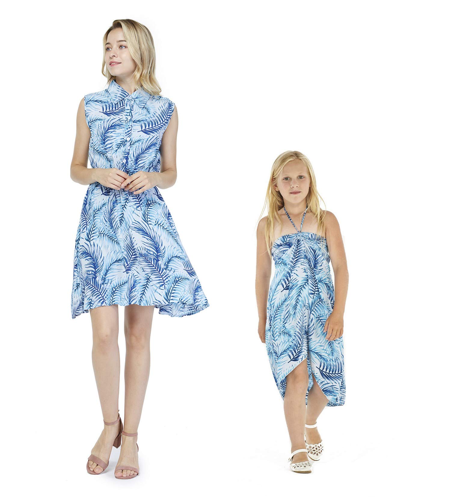 Hawaiian Luau Matching Mother Daughter Outfits - Tropical Leaf Print Shirt Dress in Simply Blue | Beach Vacation, Family Reunion, Summer Party Outfits