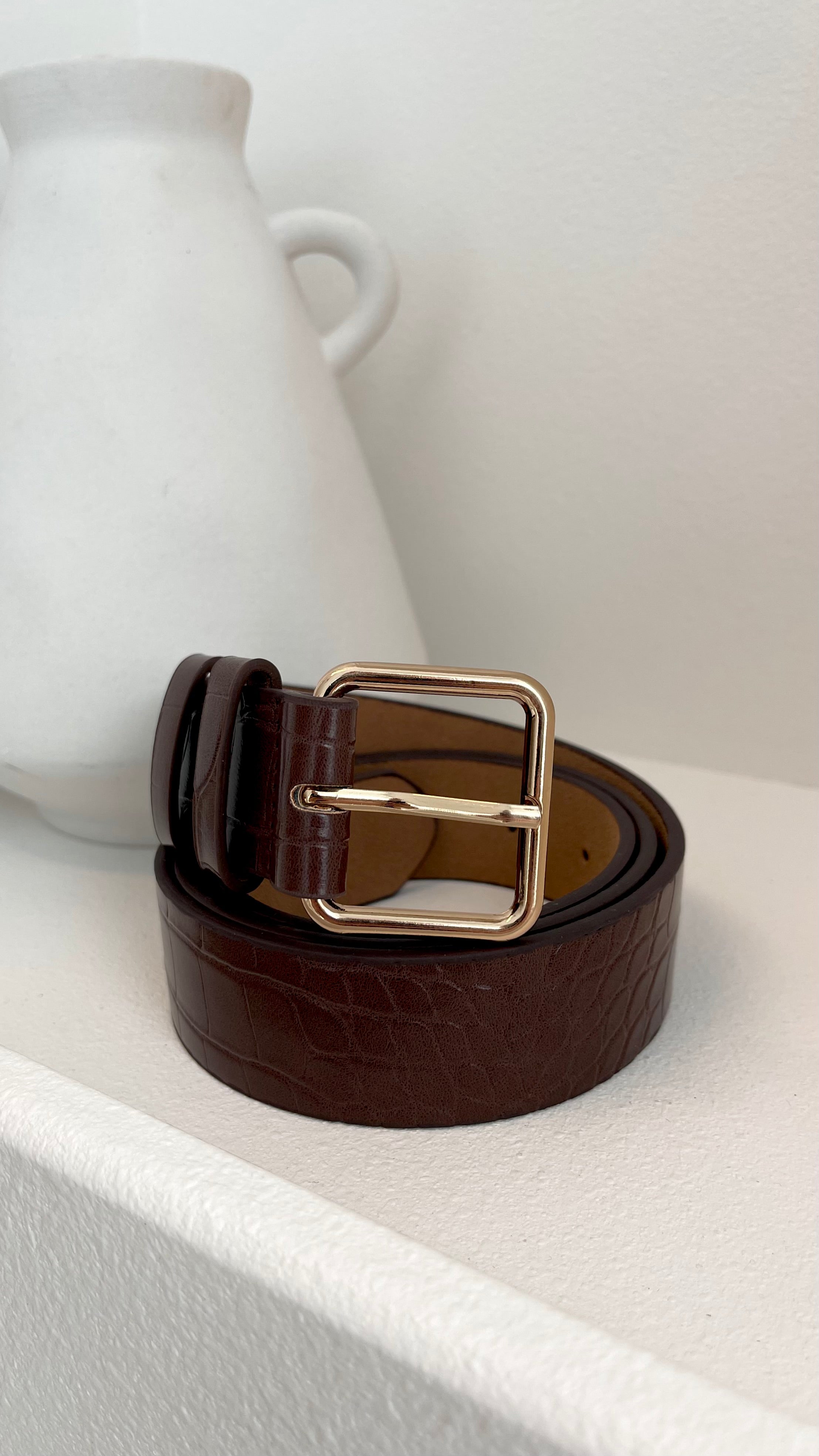 Aira Square Buckle Crocodile Leather Belt for Men - Premium Brown & Gold Dress Belt - Perfect for Formal Wear, Office, and Special Occasions