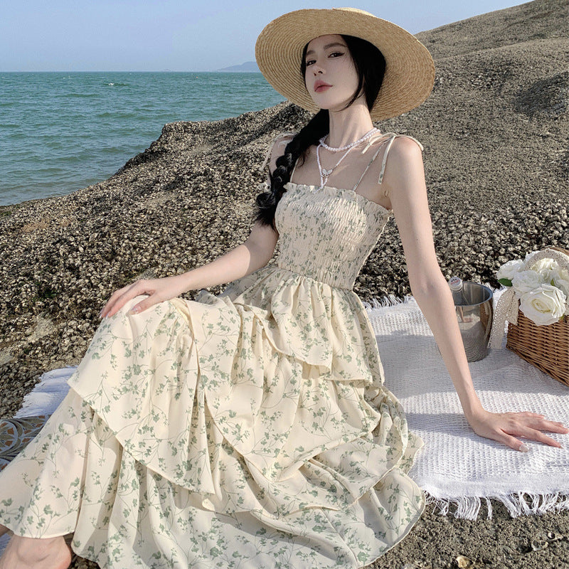 Floral Summer Dress with Ruffles - Thin Shoulder Strap Midi Skirt for Women - Perfect for Beach Vacations, Garden Parties & Date Nights