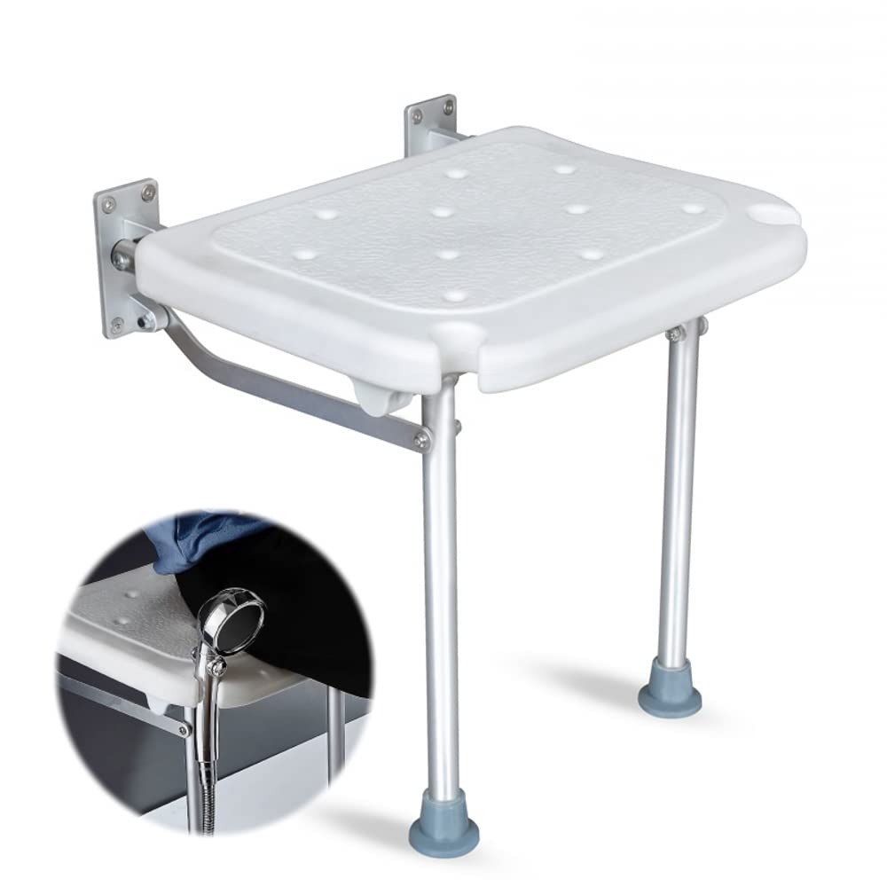 Foldable Wall Mounted Shower Chair - Adjustable Bath Bench with Support Legs for Elderly, Disabled & Pregnant Women | Non-Slip Bathroom Safety Stool for Seniors & Adults | Perfect for Small Showers, Bathtubs & Mobility Assistance