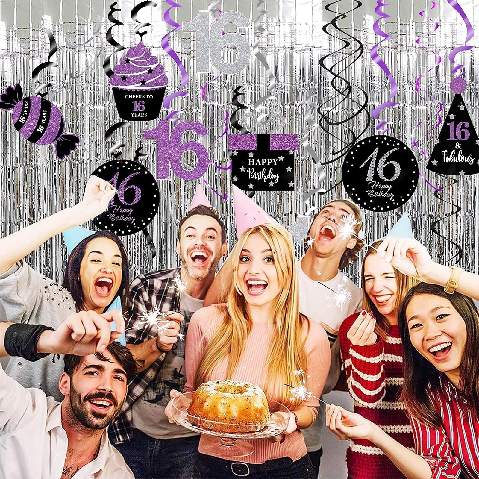 Sweet 16 Birthday Party Decorations - Purple & Silver Black Foil Hanging Swirls Banner for Girls | 16th Birthday Party Supplies | Perfect for Sweet Sixteen Decor, Wall Decorations & Photo Backdrops