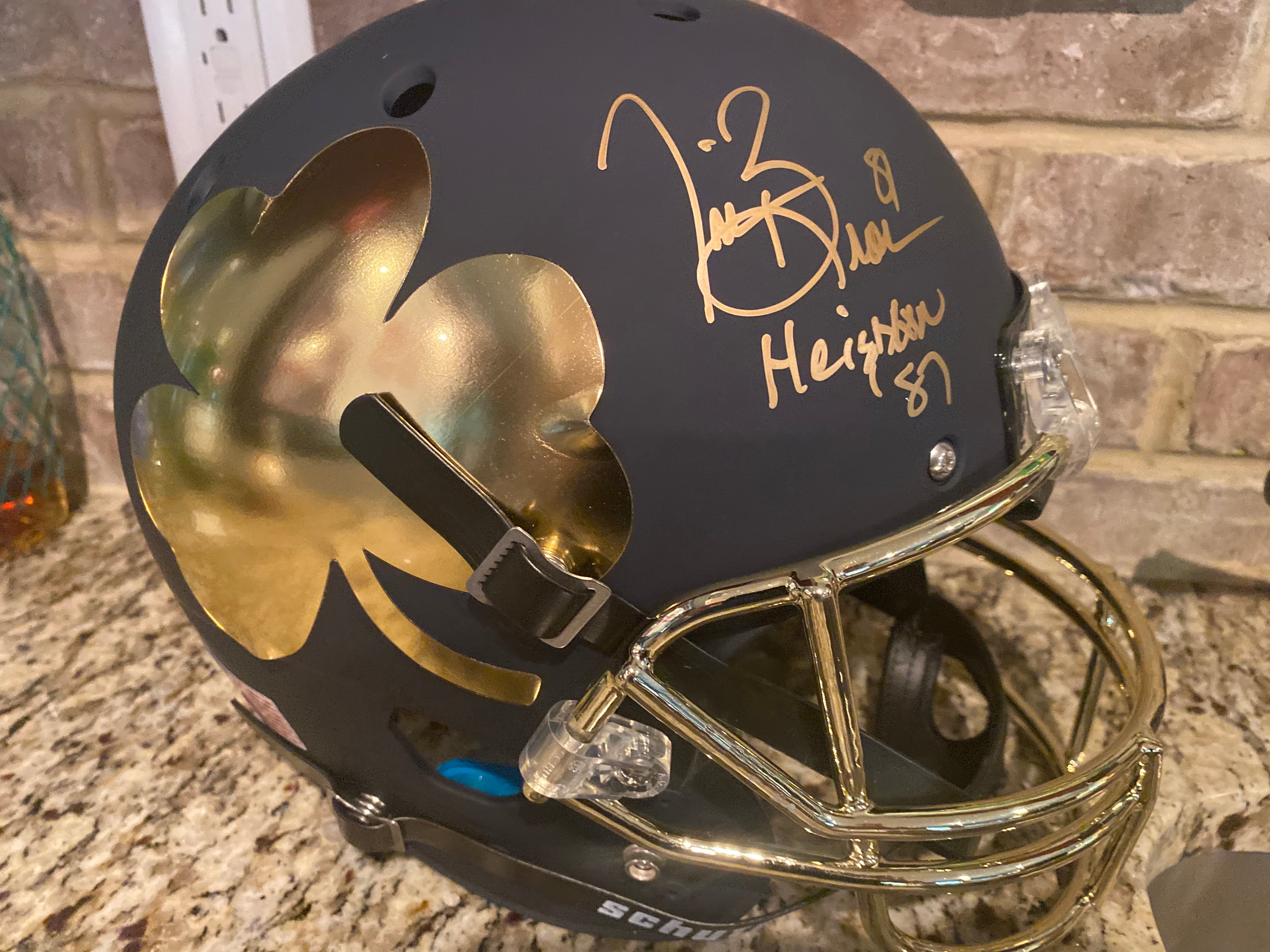 Tim Brown Autographed Notre Dame Fighting Irish Matte Blue Schutt Tradition Full Size Replica Football Helmet with 1987 Heisman Trophy Inscription - Perfect for Sports Memorabilia Collectors and Notre Dame Fans Display