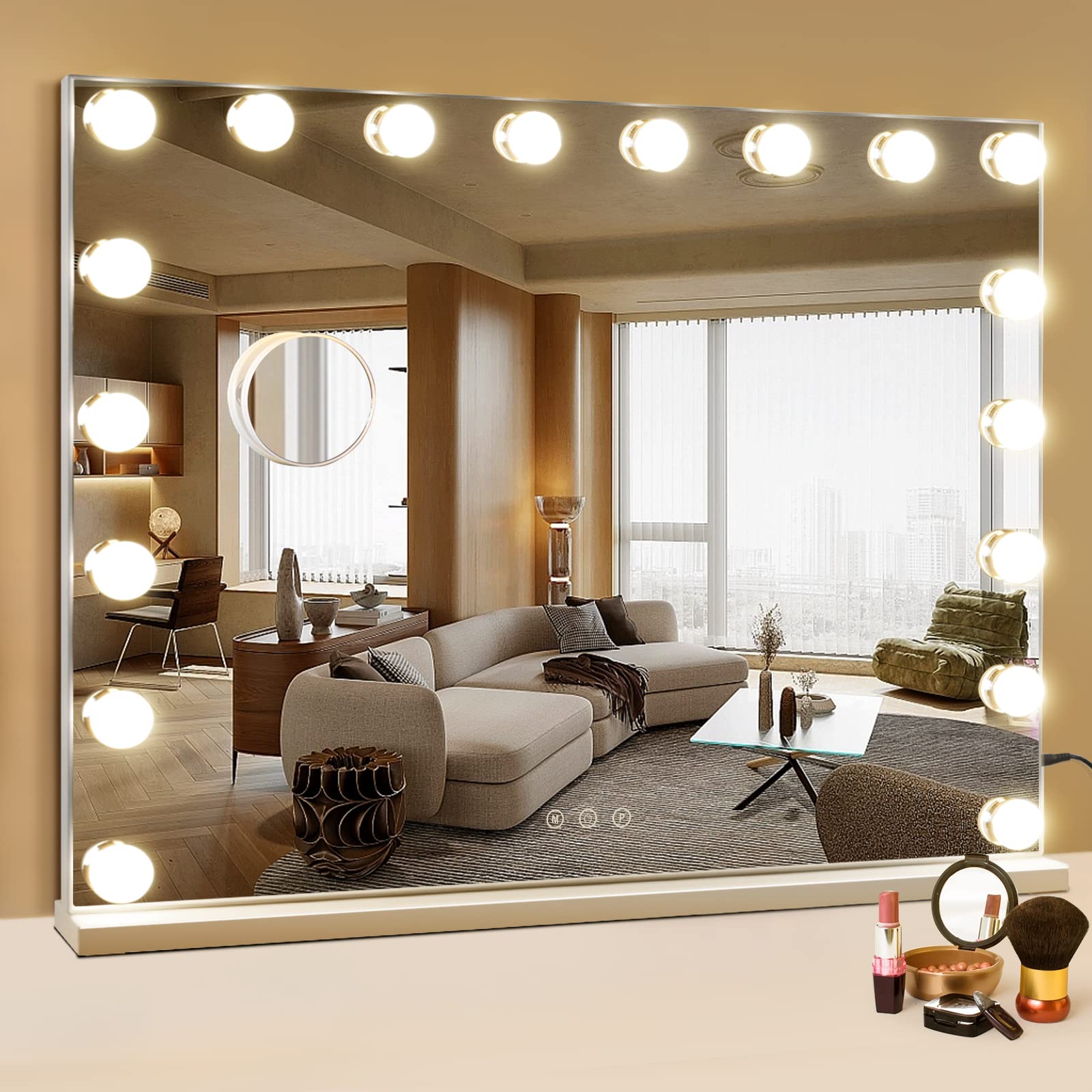 MIVONDA Hollywood Vanity Mirror with 18 LED Bulbs - Large Lighted Makeup Mirror with Dimmable 3 Lighting Modes, Plug-in & USB Charger Port (White) - Perfect for Dressing Table, Bedroom, Bathroom & Professional Makeup Artists