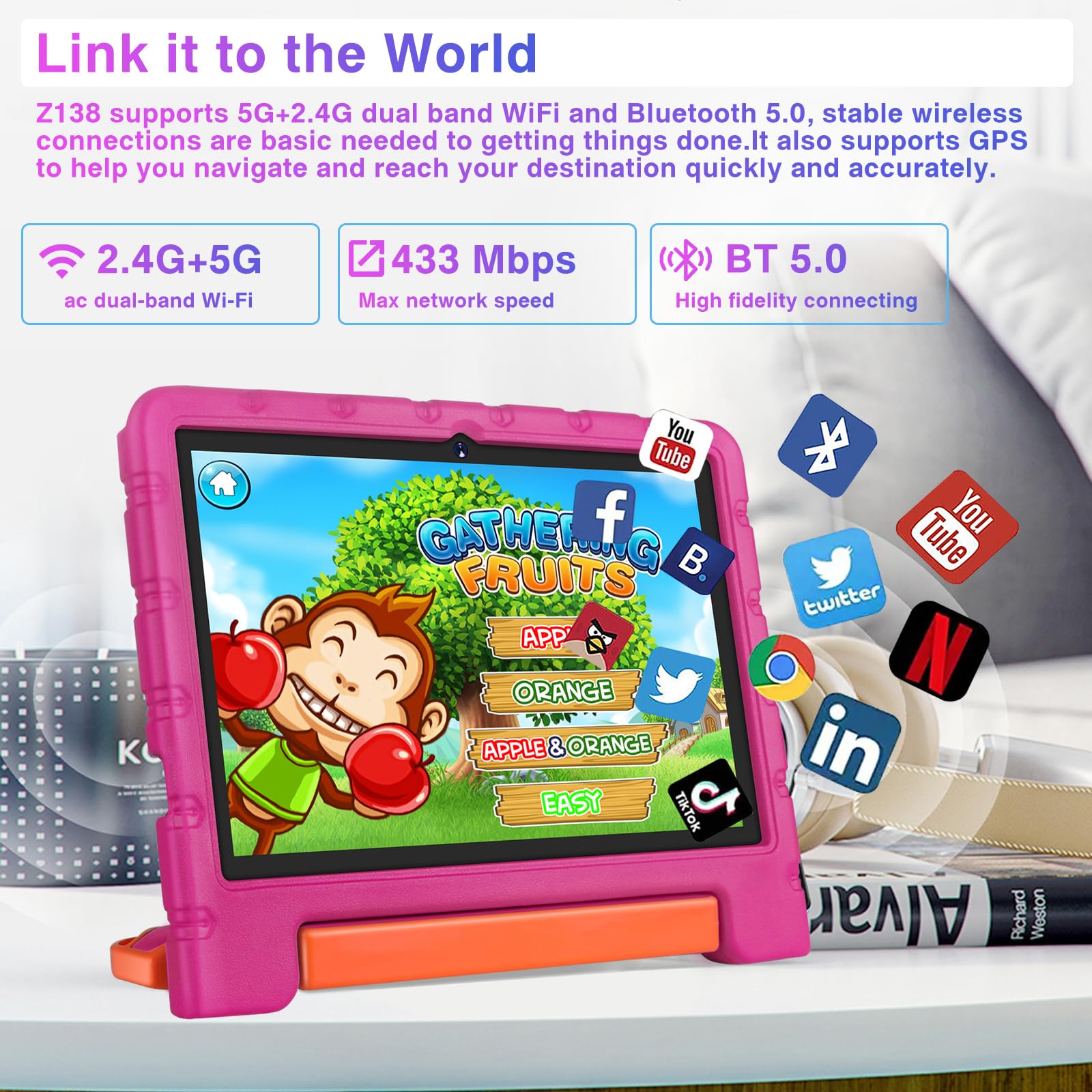 ZIOVO 10 Inch Android 13 Kids Tablet - 12GB RAM 128GB ROM (Expandable to 1TB) | Octa-Core 2.0GHz | 5G WiFi | Bluetooth 5.0 | 8MP+5MP Cameras | 6000mAh Battery | Includes Pink EVA Protective Case - Perfect for Online Learning, Kids Games & Family Entertainment
