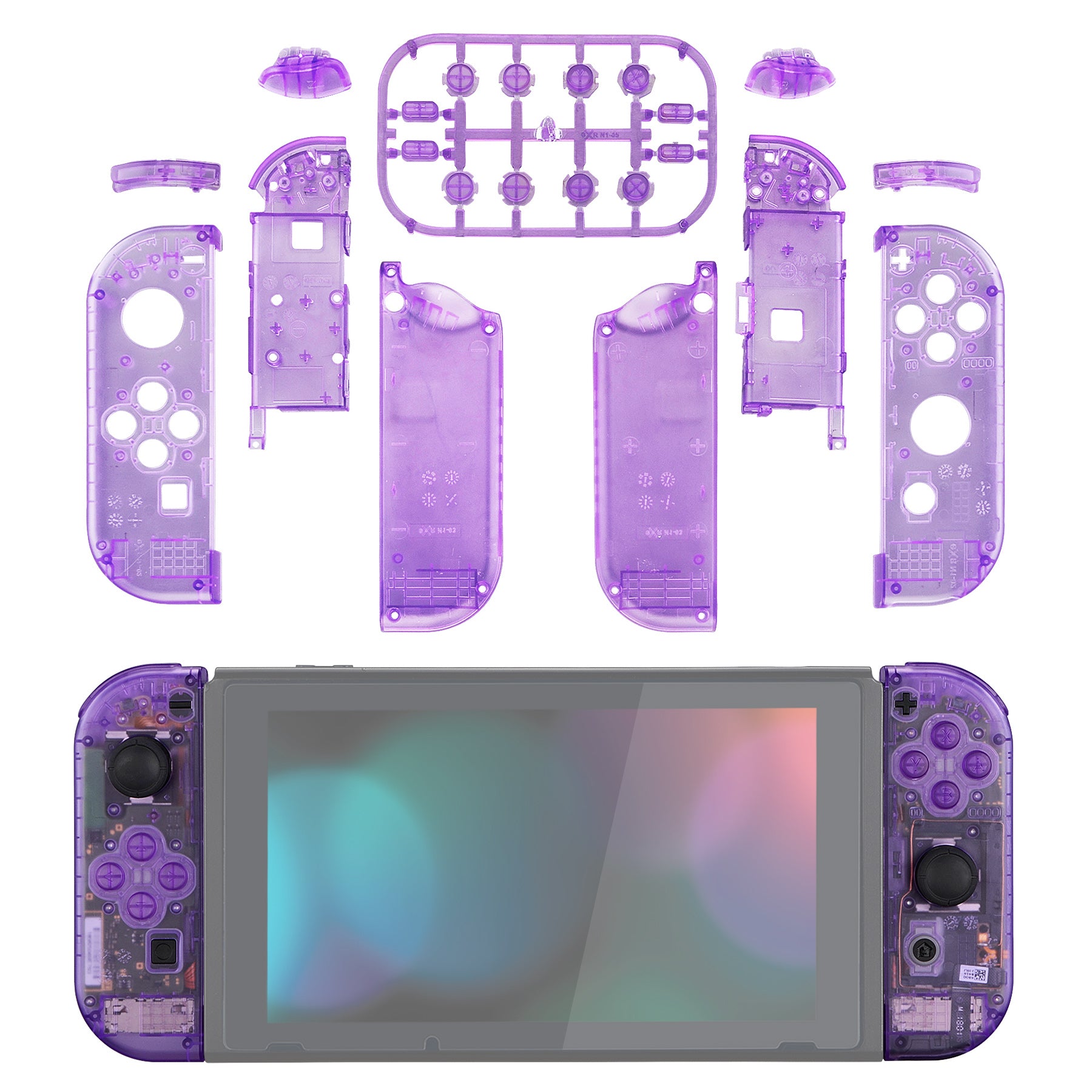 eXtremeRate Clear Atomic Purple Joycon Controller Shell with Full Button Set - DIY Replacement Housing for Nintendo Switch JoyCon & OLED JoyCon (Console Not Included) - Perfect for Gaming Enthusiasts and Custom Mods