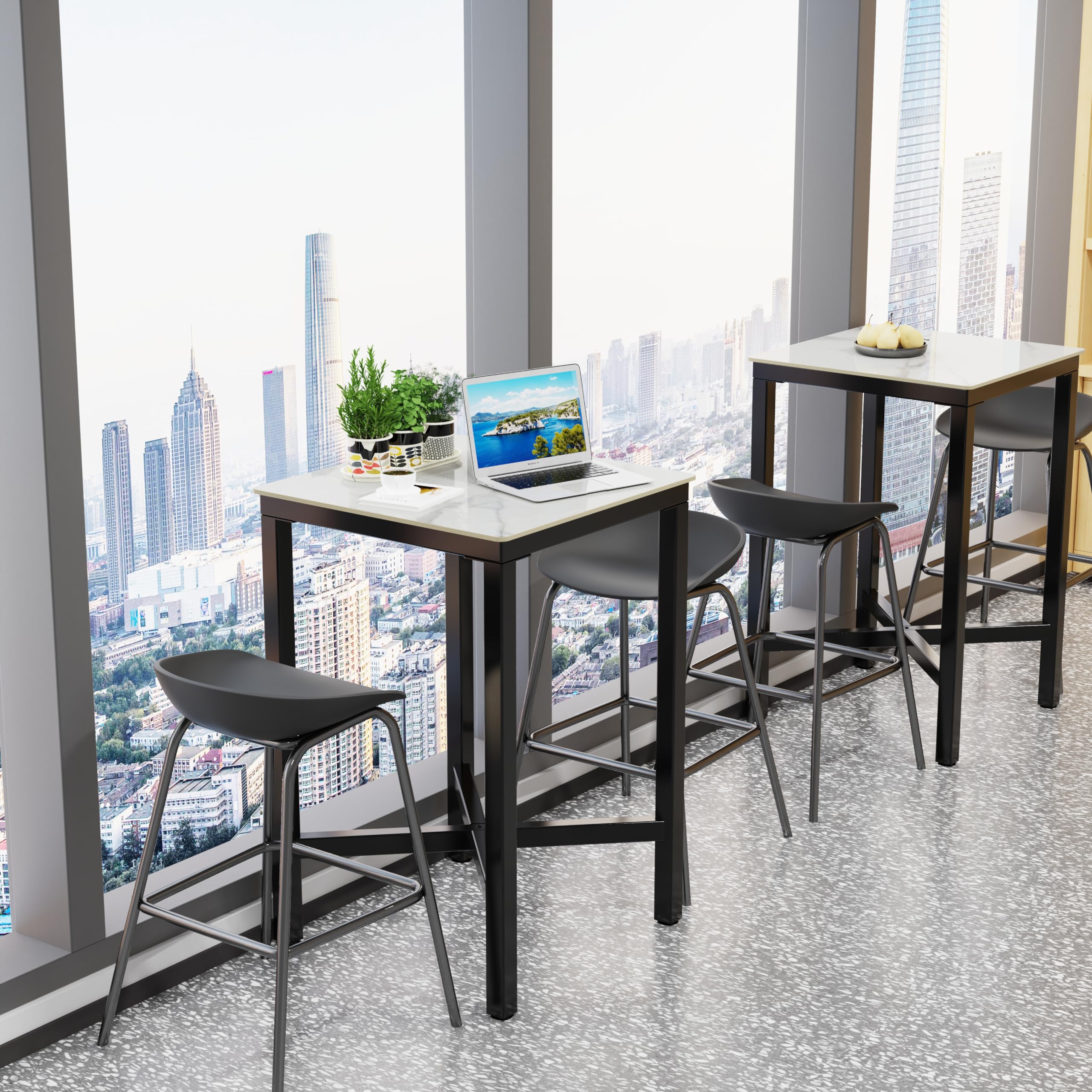 Wisfor White Square Sintered Stone Bar Table with Black Metal Frame - 27.56x27.56x41.34 Inch High Top Pub Table, Small Breakfast Dining Table, Tall Coffee Table with Cross-Legs - Perfect for Kitchen Islands, Outdoor Patios, and Modern Living Rooms